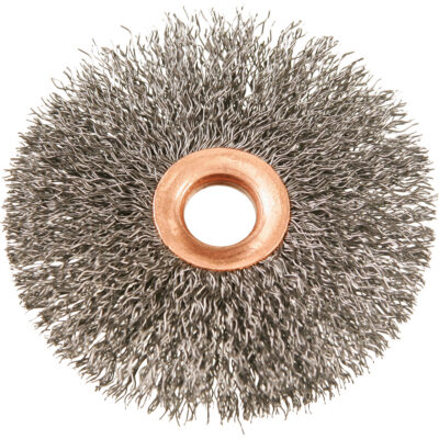 Brosses rotatives à fils crêpés avec moyeu en cuivre 3", 3" dia., Fils 0,012", Arbre 1/2"