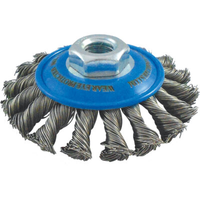 Brosses soucoupes à fils noués, Dia. 4", Fils 0,02", Arbre 5/8"-11, Acier inoxydable