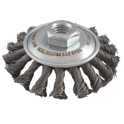 Brosses soucoupes à fils noués, Dia. 4", Fils 0,02", Arbre 5/8"-11, Acier