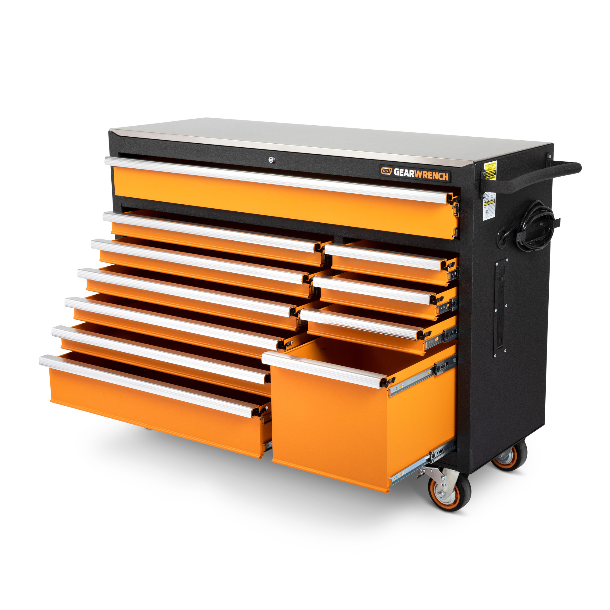 Armoire à outils roulante avec dessus de travail en acier inoxydable, 11 tiroirs, 52" la x 18" p x 36" h, Noir/Orange