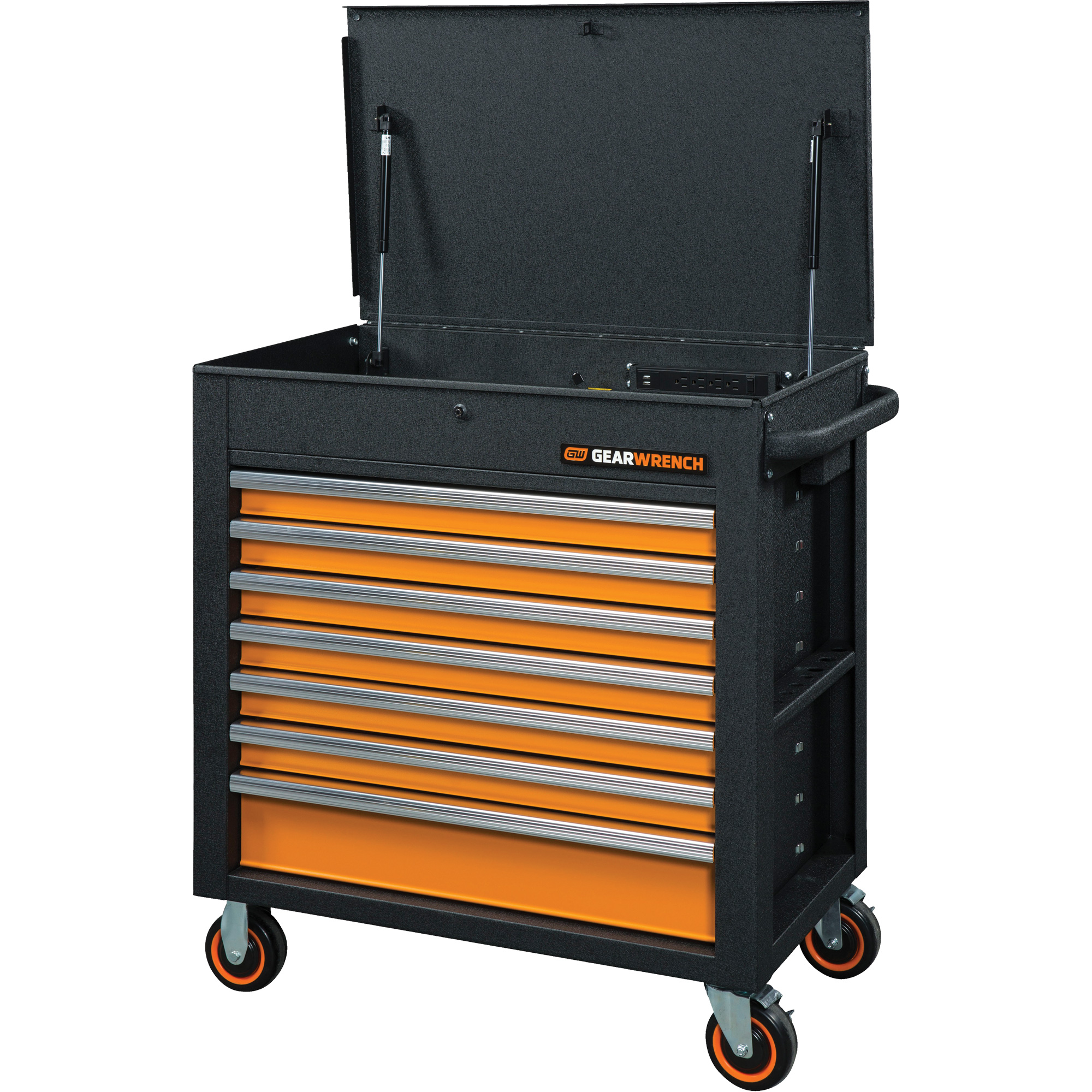 Chariot à outils série GSX avec dessus incliné, 7 tiroirs, 35" lo x 20" la x 39" h, Noir/Orange