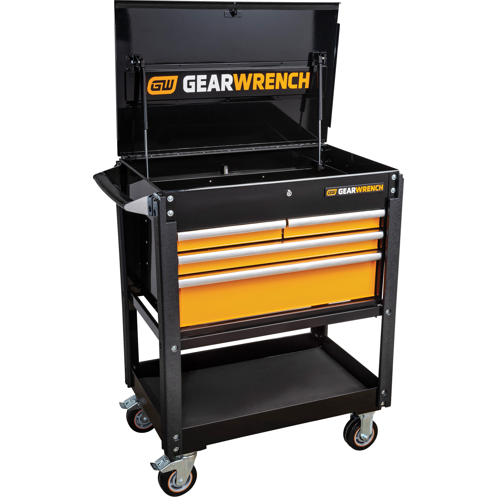 Chariot utilitaire, 4 tiroirs, 33" lo x 21" la x 42" h, Noir/Orange
