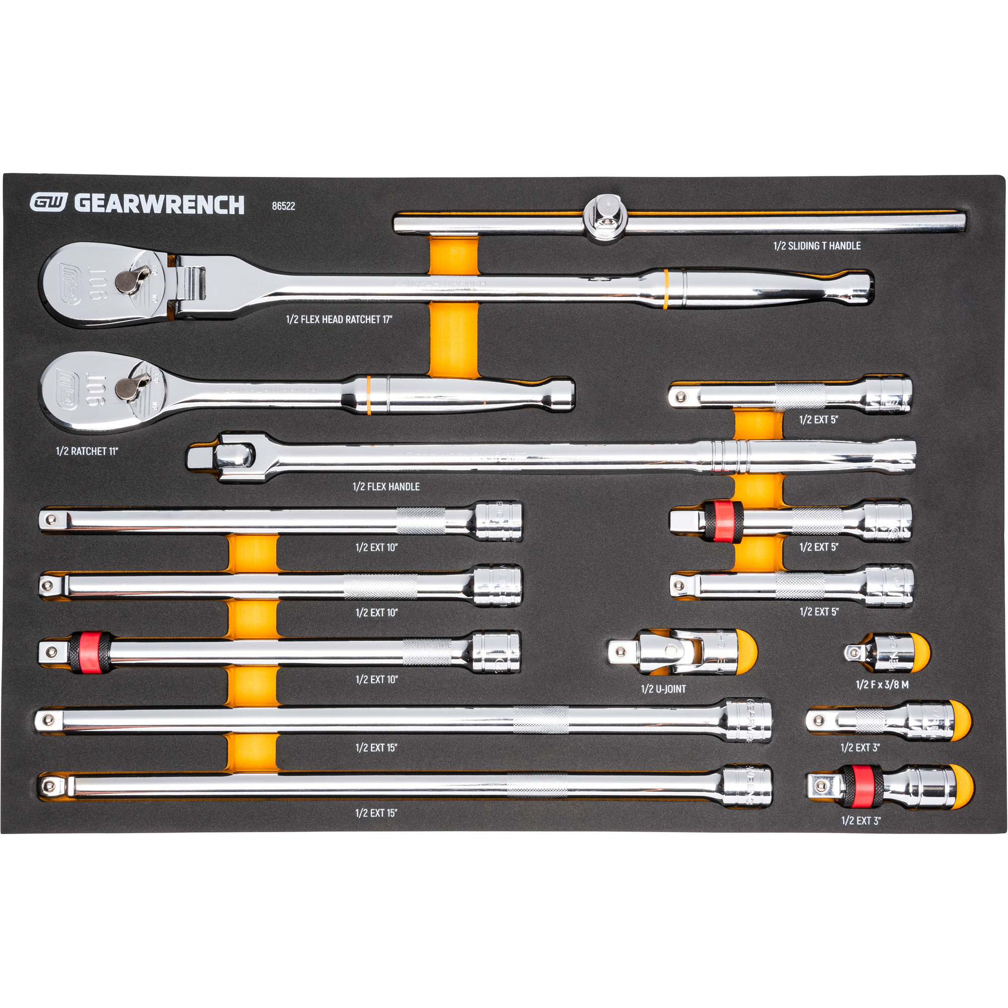 Ensemble d'outils à cliquet et d'entraînement 1/2" à 90 dents avec plateau de rangement en mousse