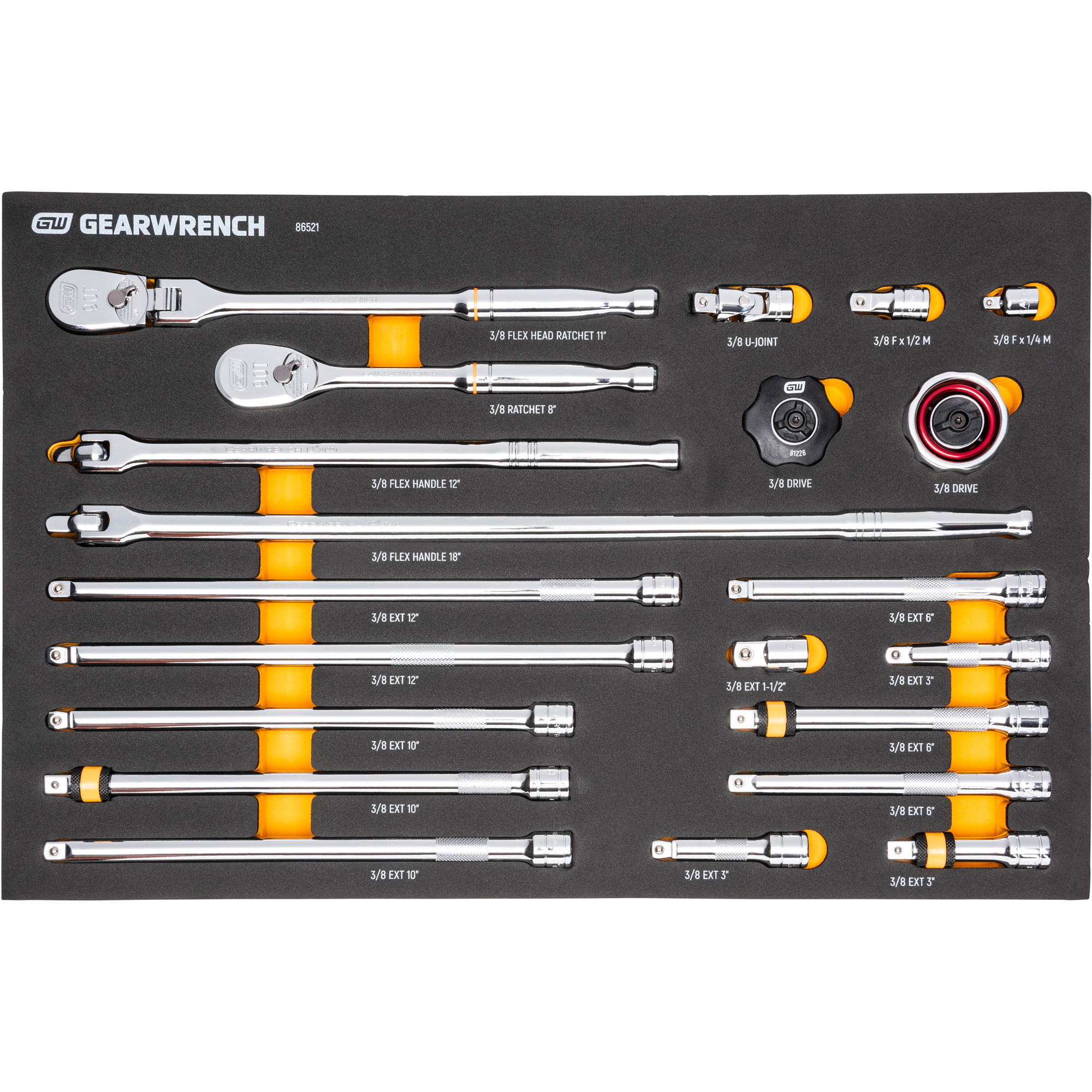 Ensemble d'outils à cliquet et d'entraînement 3/8" à 90 dents avec plateau de rangement en mousse