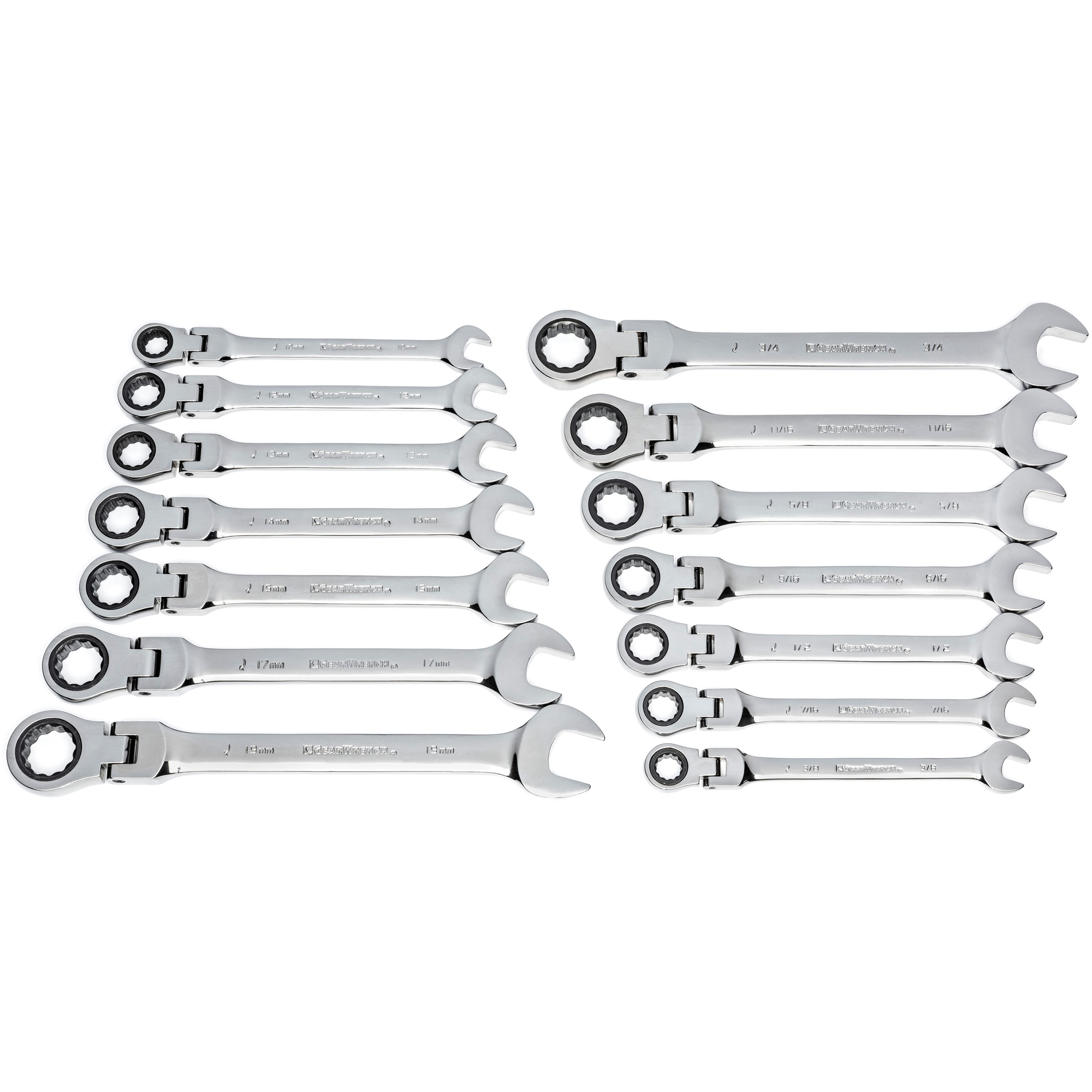 Jeu de clés à 12 pans et 72 dents, Tête articulée/Combinaison à cliquet, 14 morceaux, Impérial et métrique
