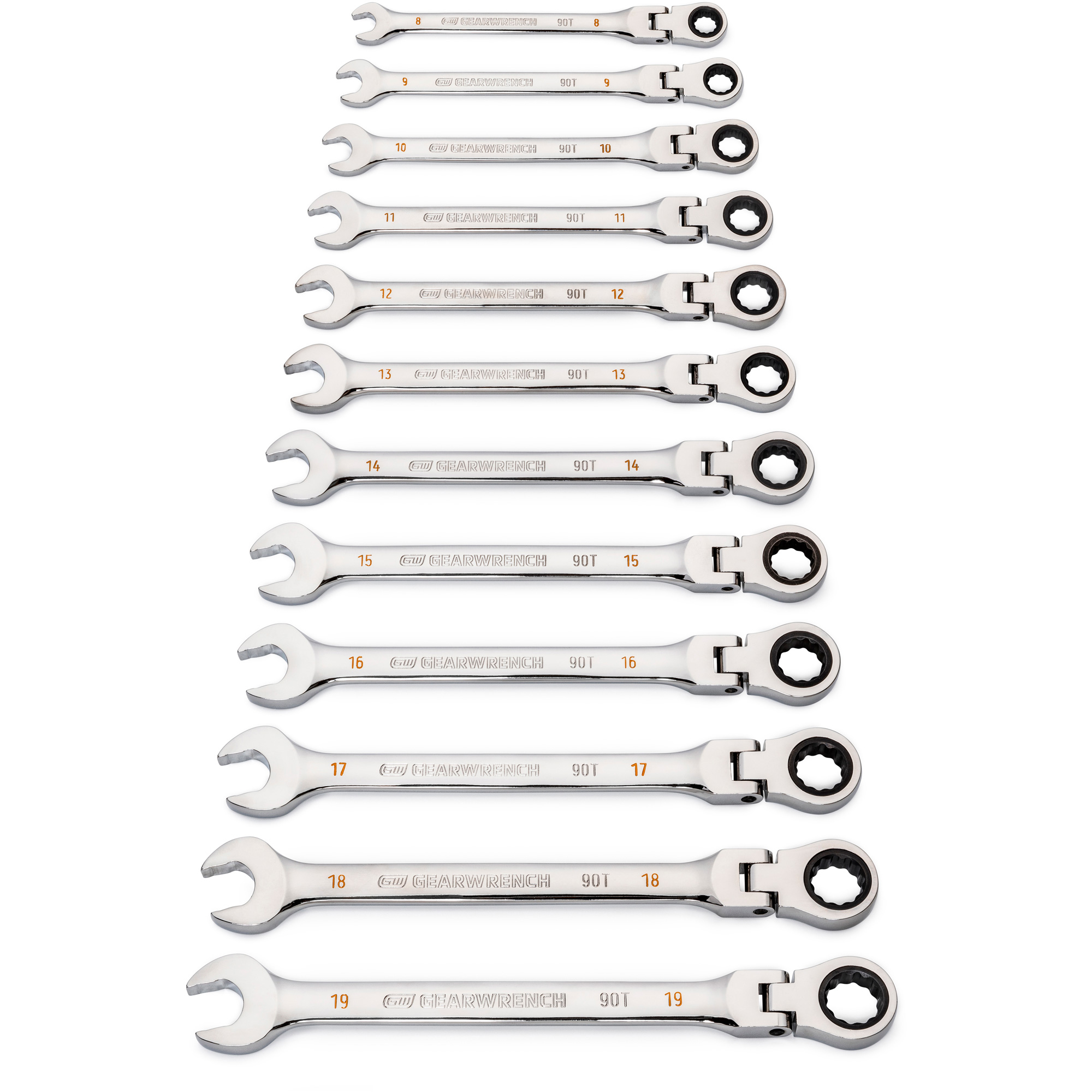 Jeu de clés à 12 pans et 90 dents, Tête articulée/Combinaison à cliquet, 12 morceaux, Métrique