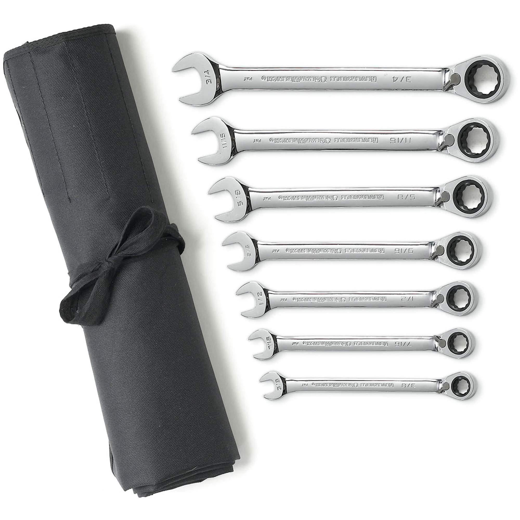 Jeu de clés à cliquets réversibles SAE à 12 pans et 72 dents avec pochette à outils enroulable, Combinaison, 7 morceaux, Impérial
