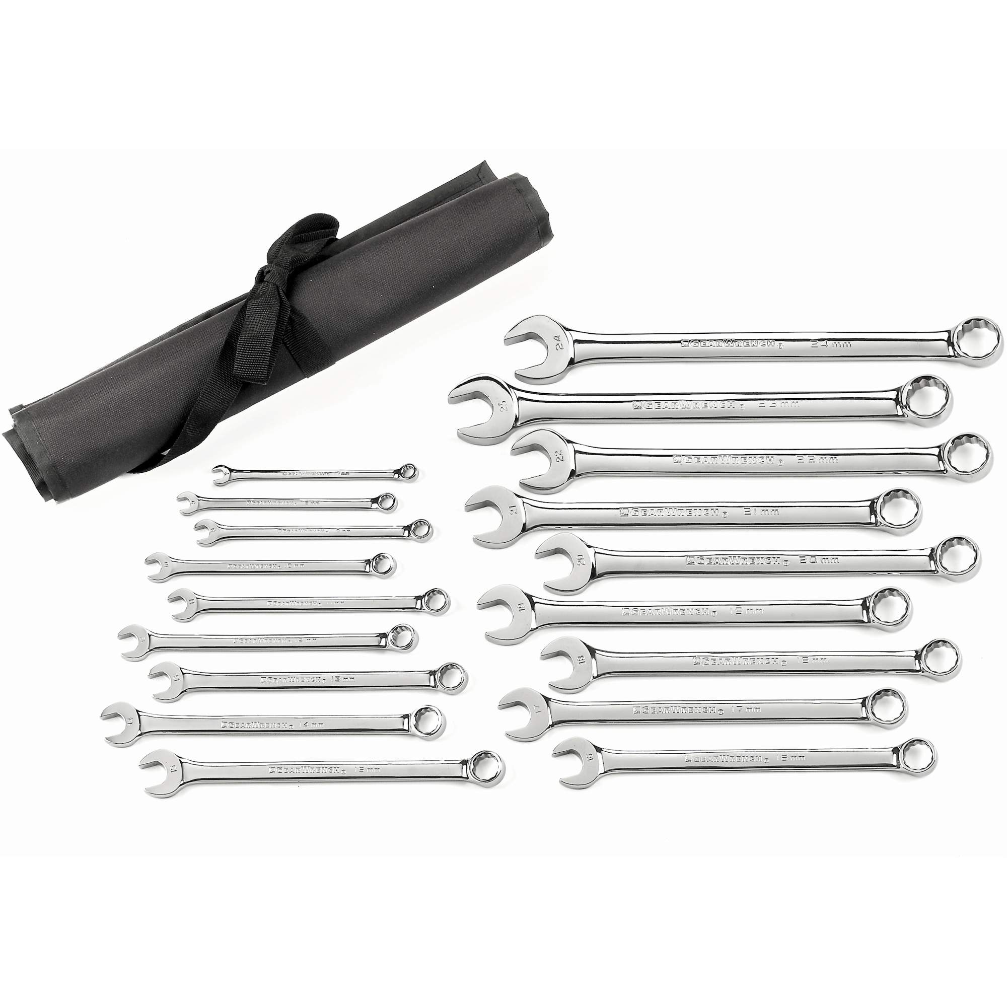 Jeu de clés longues à coupe à 12 pans avec pochette à outils roulable, Combinaison, 18 morceaux, Métrique