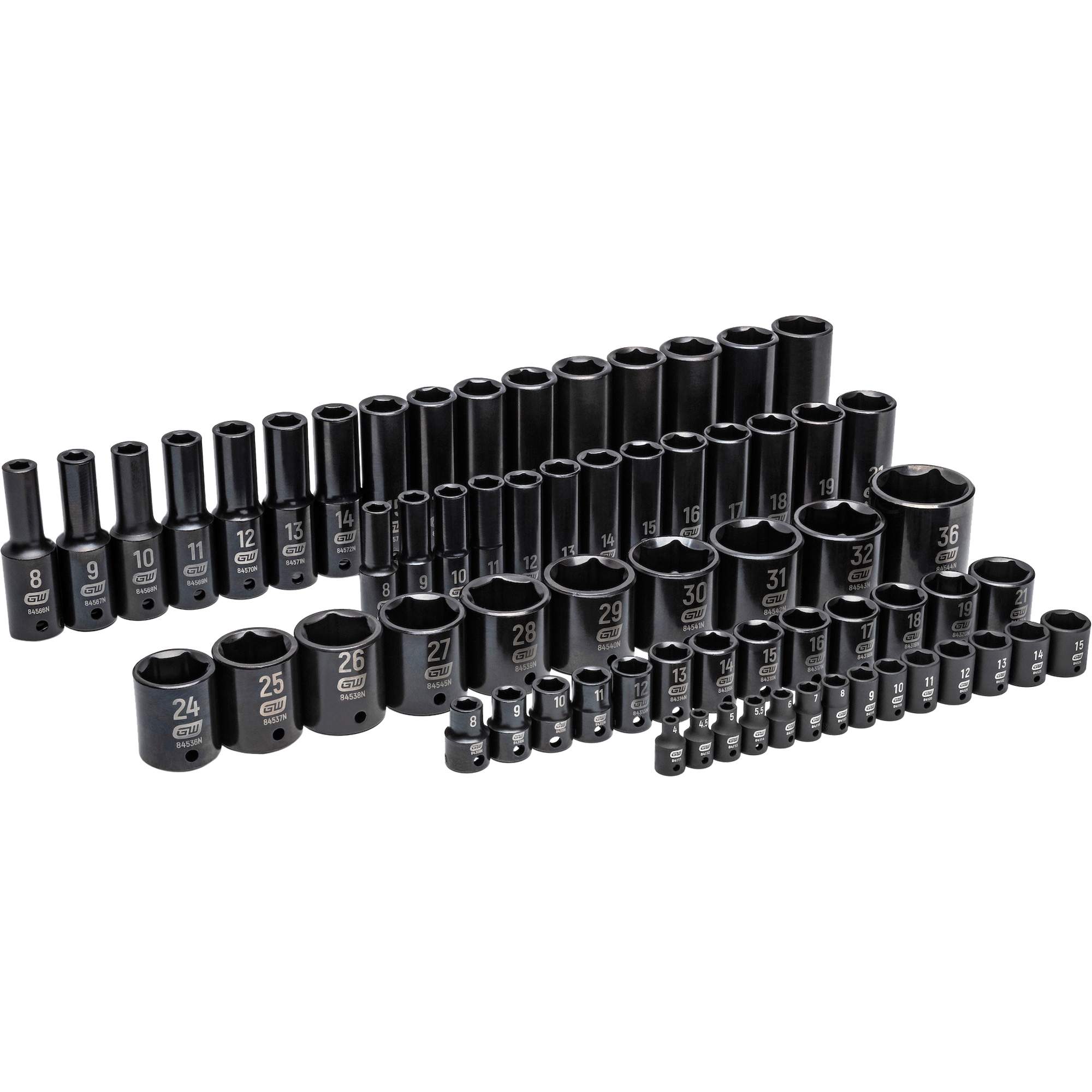 Jeu de douilles à chocs métrique à 6 pans dans un plateau de rangement en mousse, 66 Mcx, Chocs, Profond