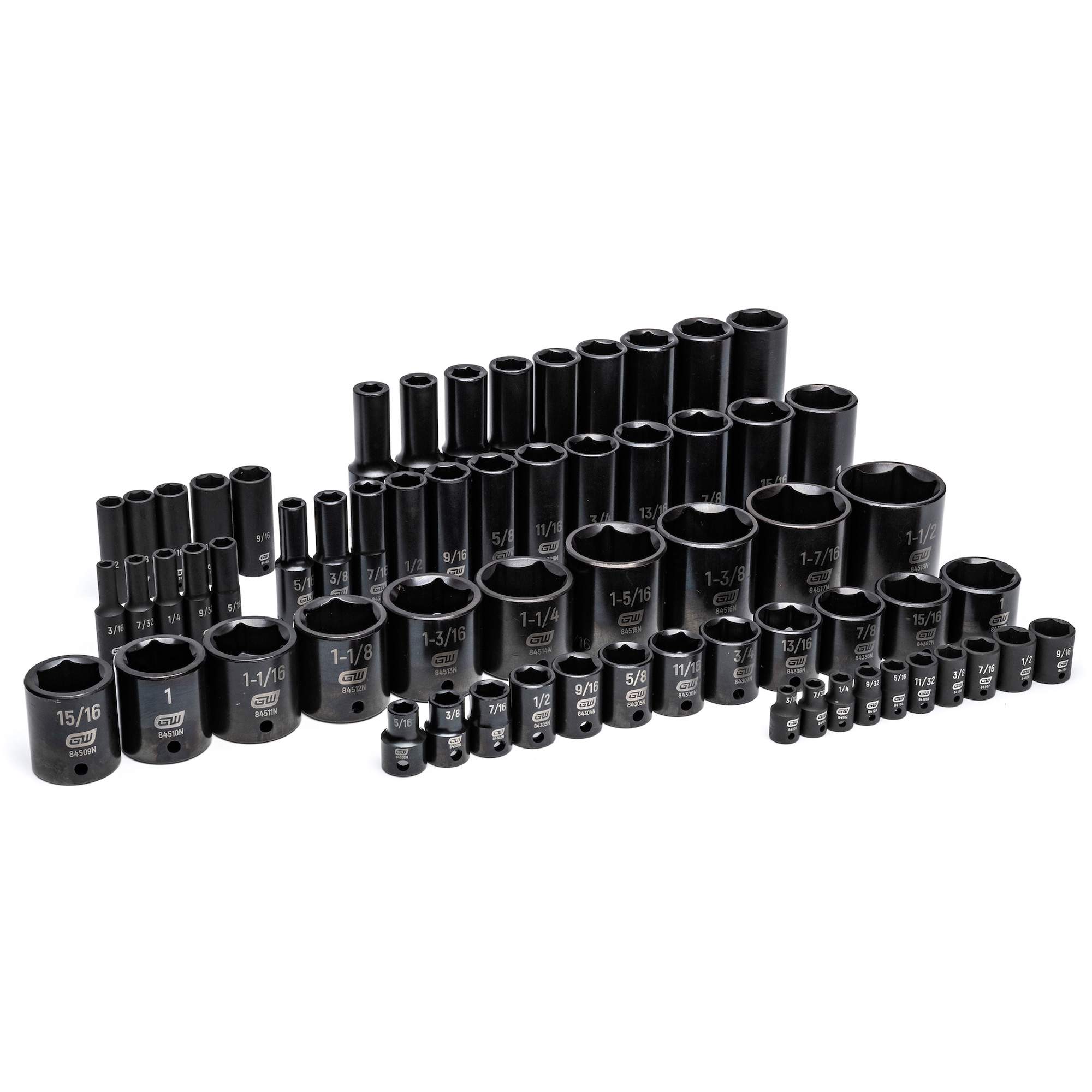 Jeu de douilles à chocs SAE à 6 pans dans un plateau de rangement en mousse, 63 Mcx, Chocs, Profond