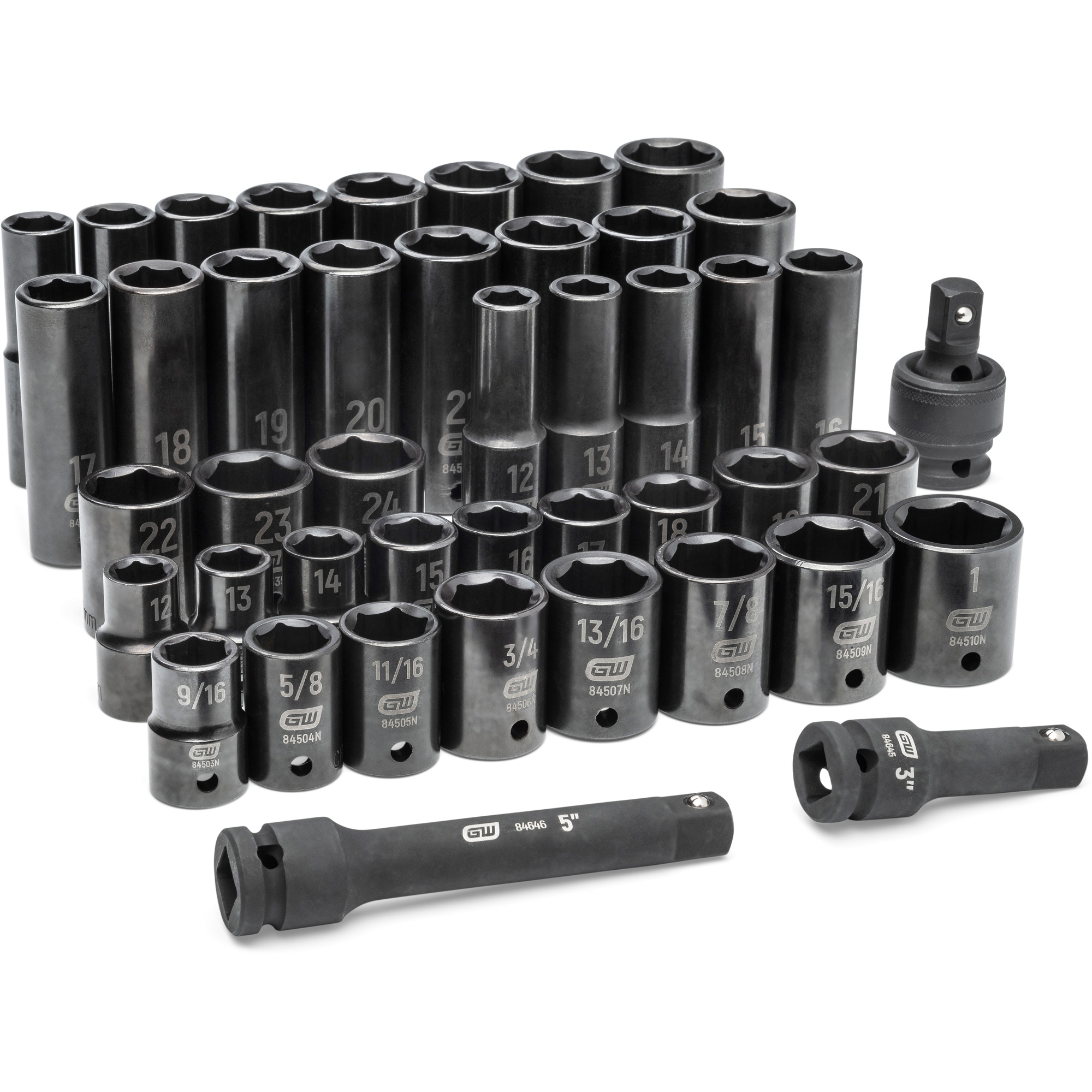 Jeu de douilles SAE/métriques à 6 pans, 44 Mcx, Chocs, Prise de 1/2", Profond