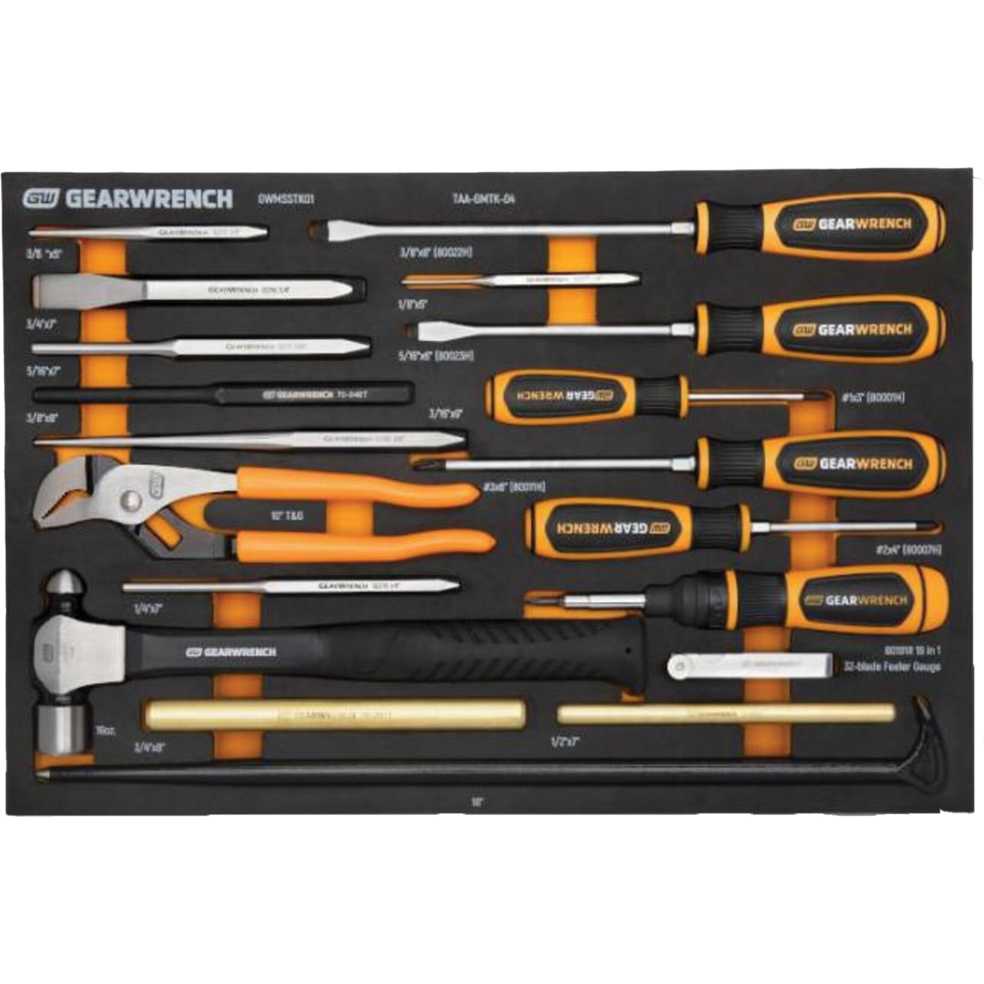 Jeu de tournevis & outils de frappe dans un plateau de rangement en mousse