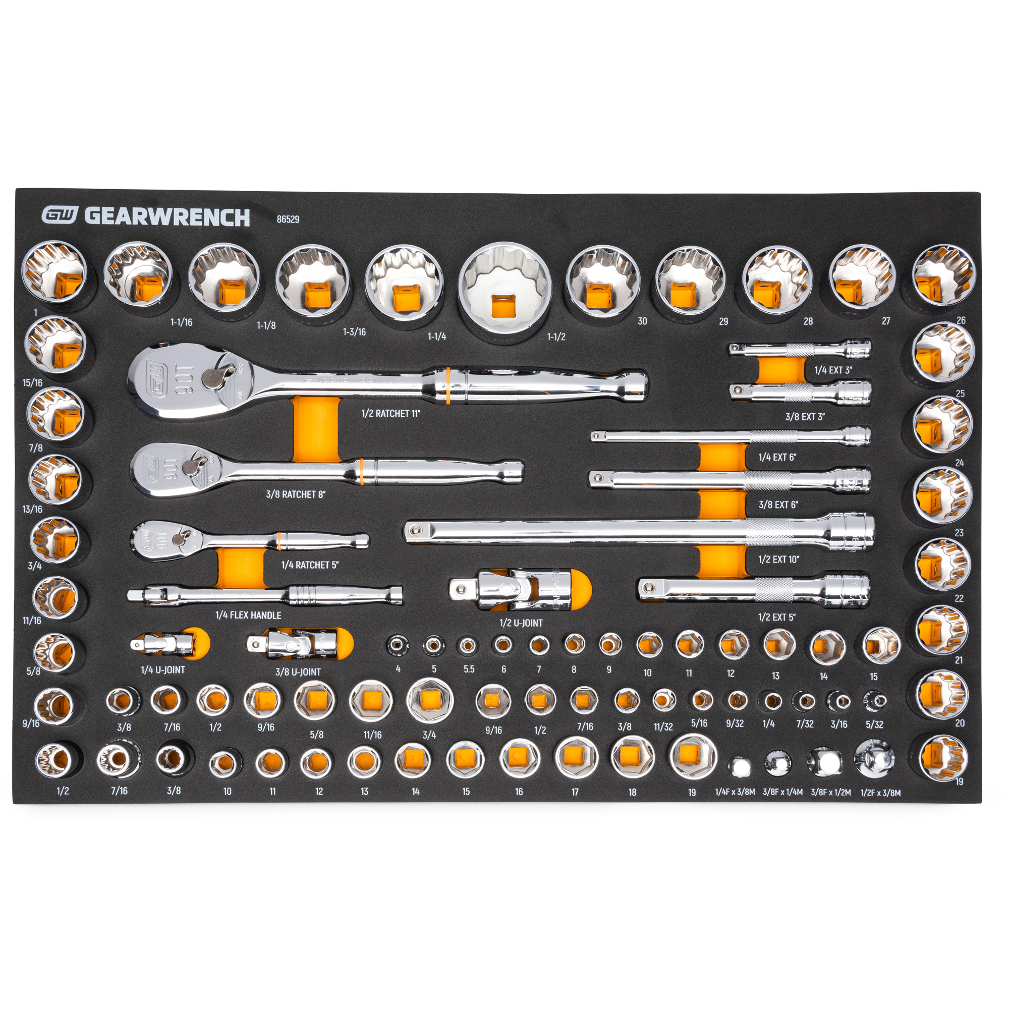 Jeu d'outils SAE/métriques pour mécanicien à 90 dents 1/4", 3/8" & 1/2" avec plateau de rangement en mousse
