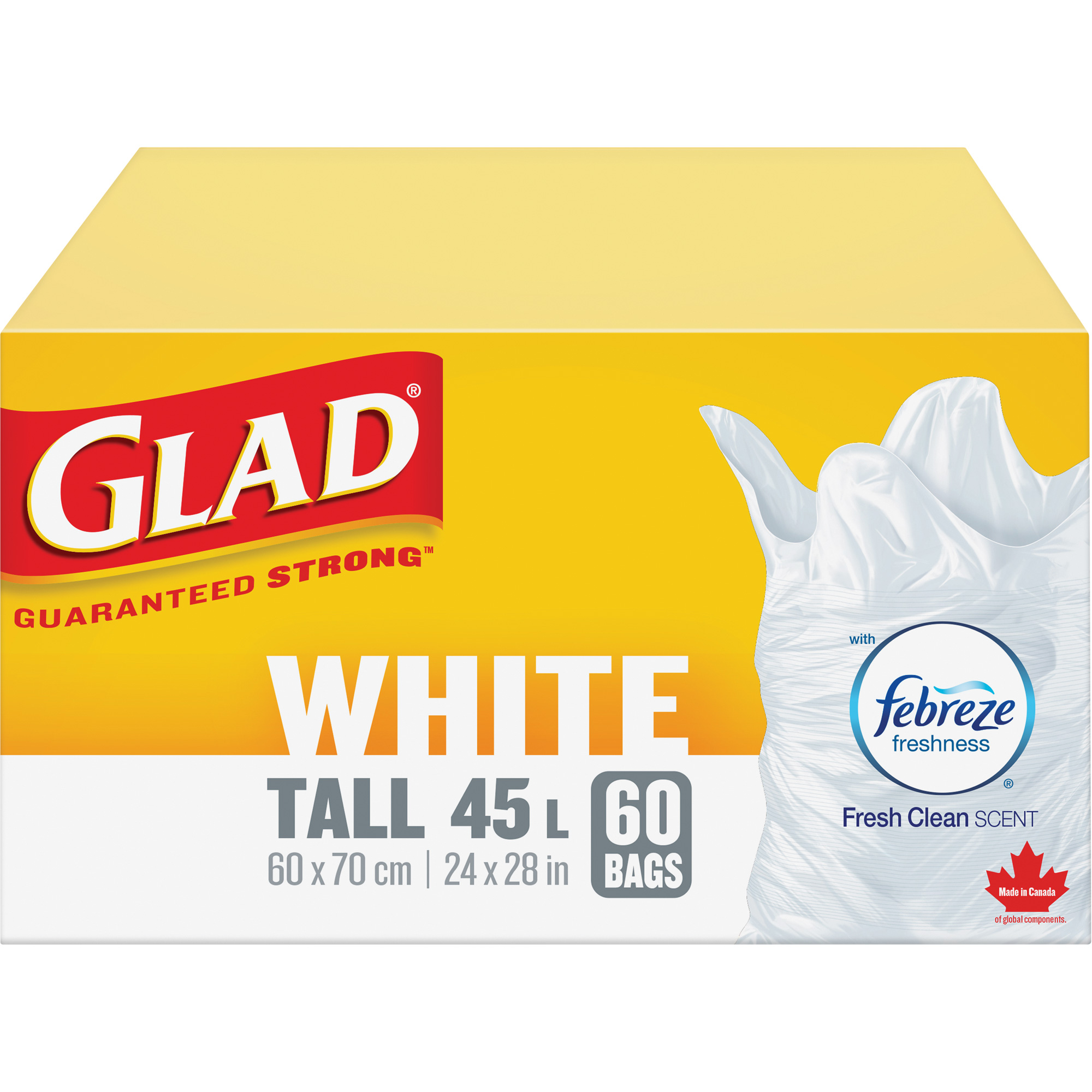 Sacs à ordures hauts 45 L avec Febreze, Régulier, 24" la x 28" lo, Blanc