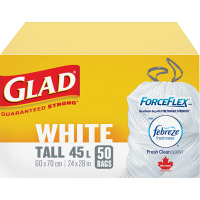 Sacs à ordures hauts 45 L avec Febreze, Régulier, 24" la x 28" lo, Blanc