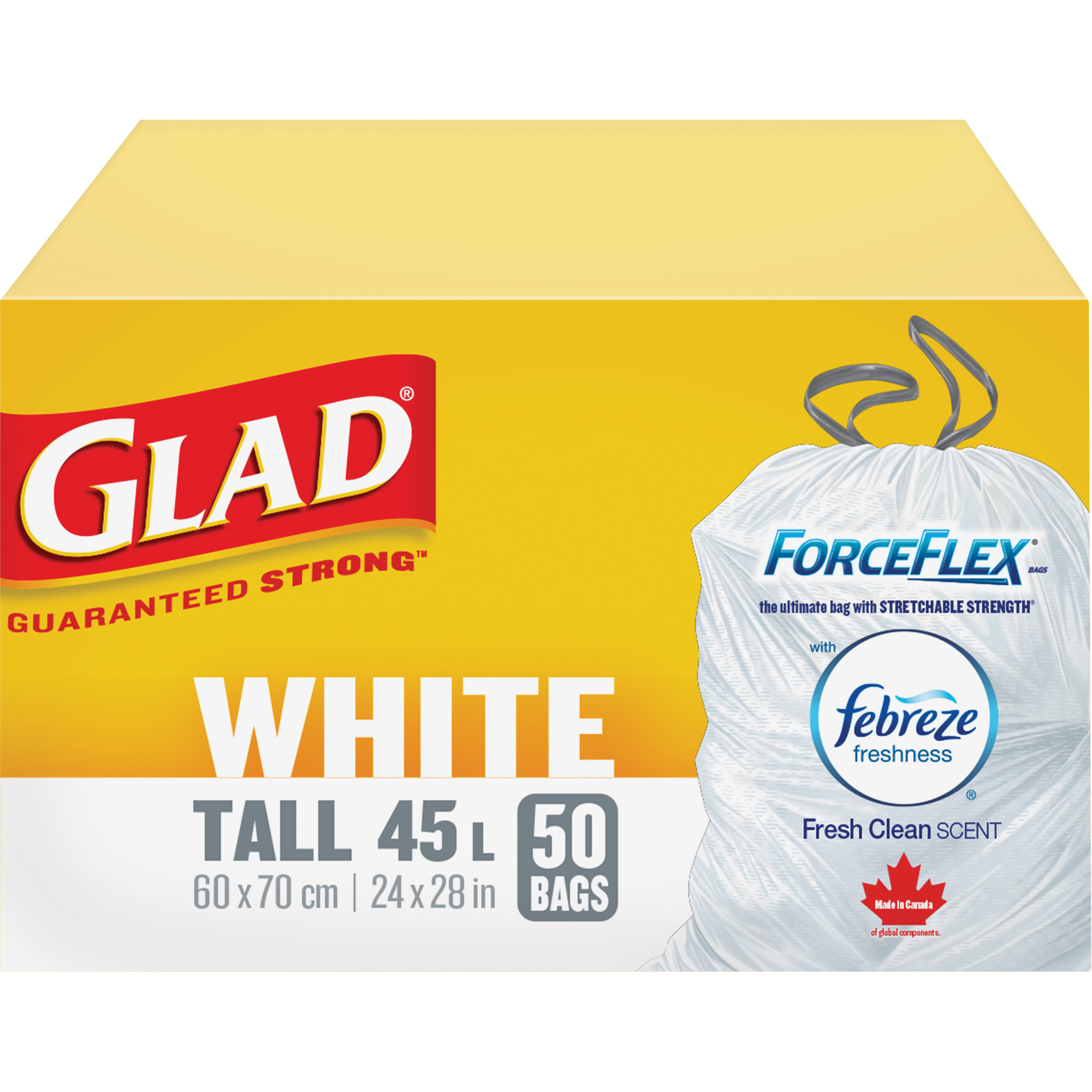 Sacs à ordures hauts 45 L avec Febreze, Régulier, 24" la x 28" lo, Blanc
