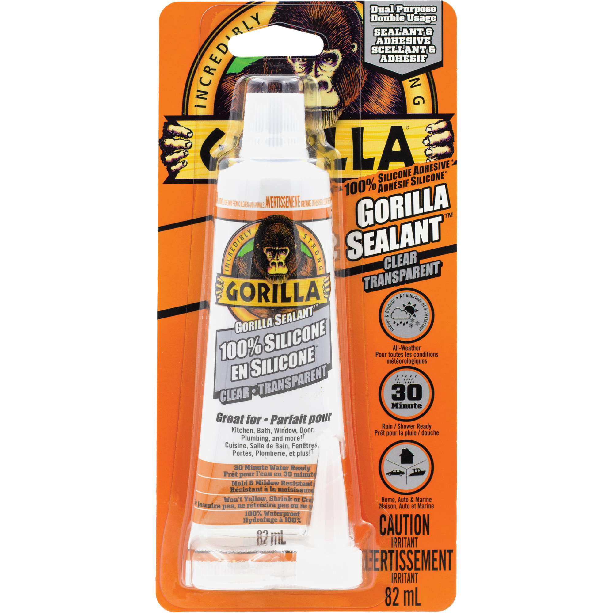Scellant à la silicone 100%, 2,8 oz., Tube, Transparent
