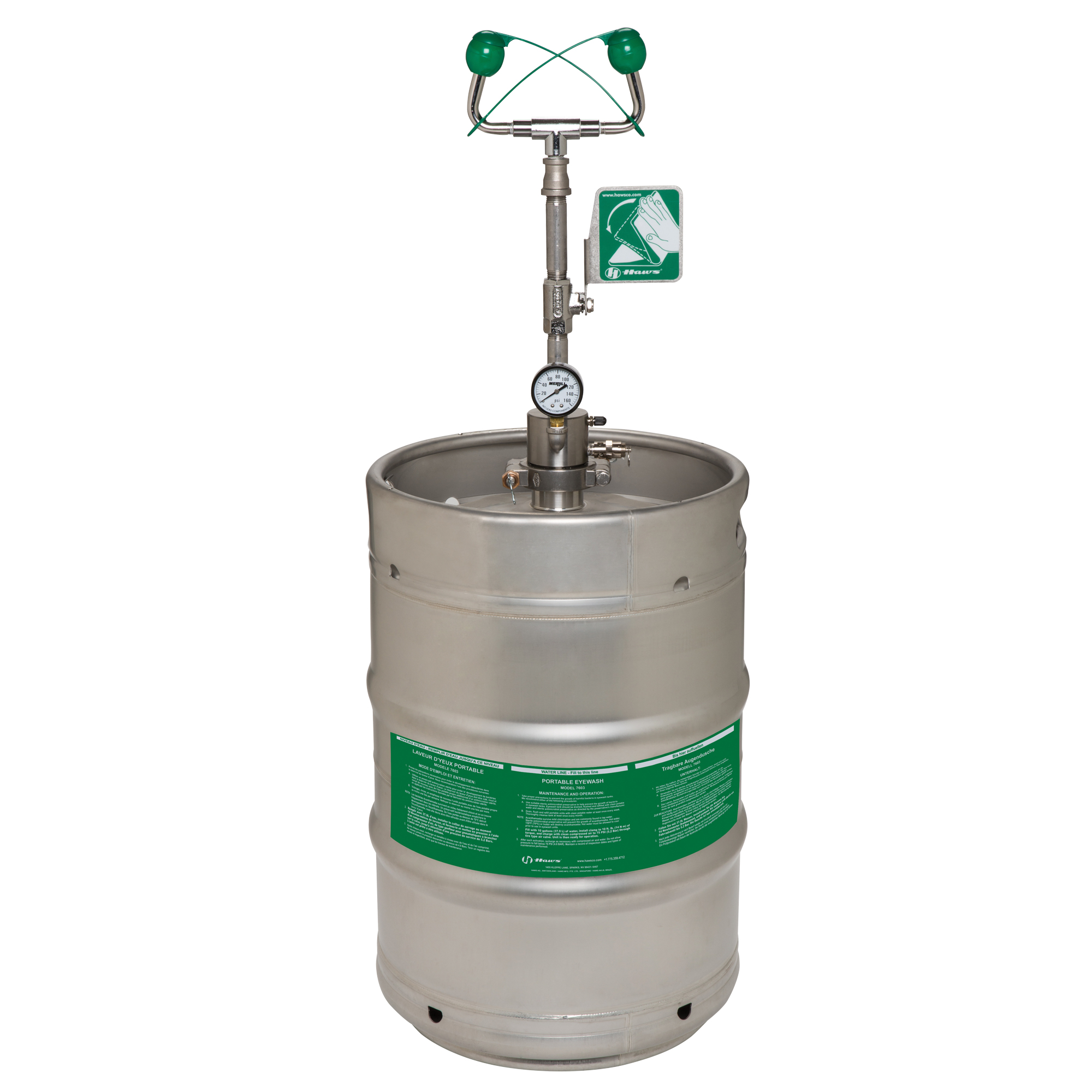 Douche oculaire d'urgence portable, Pressurisé, Capacité 15 gal., Conformité ANSI Z358.1