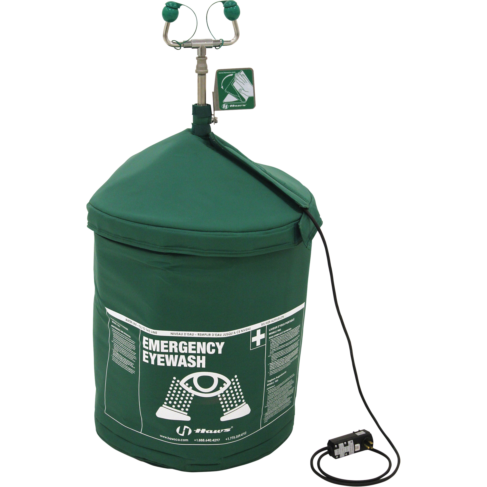 Douche oculaire d'urgence portative en matériau trempé, Pressurisé, Capacité 15 gal., Conformité ANSI Z358.1