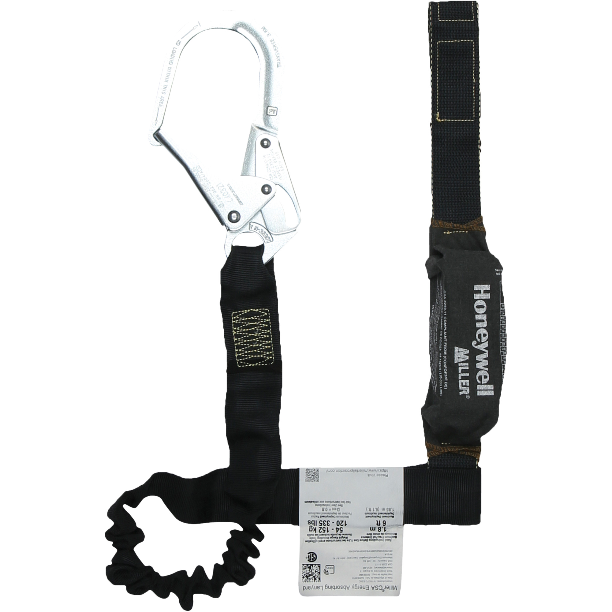 Longe avec amortisseur de choc résistante à l'arc électrique MillerMD, 6', Point d'ancrage à Crochet pour échafaudage, Boucle d'étranglement aux jambes, KevlarMD