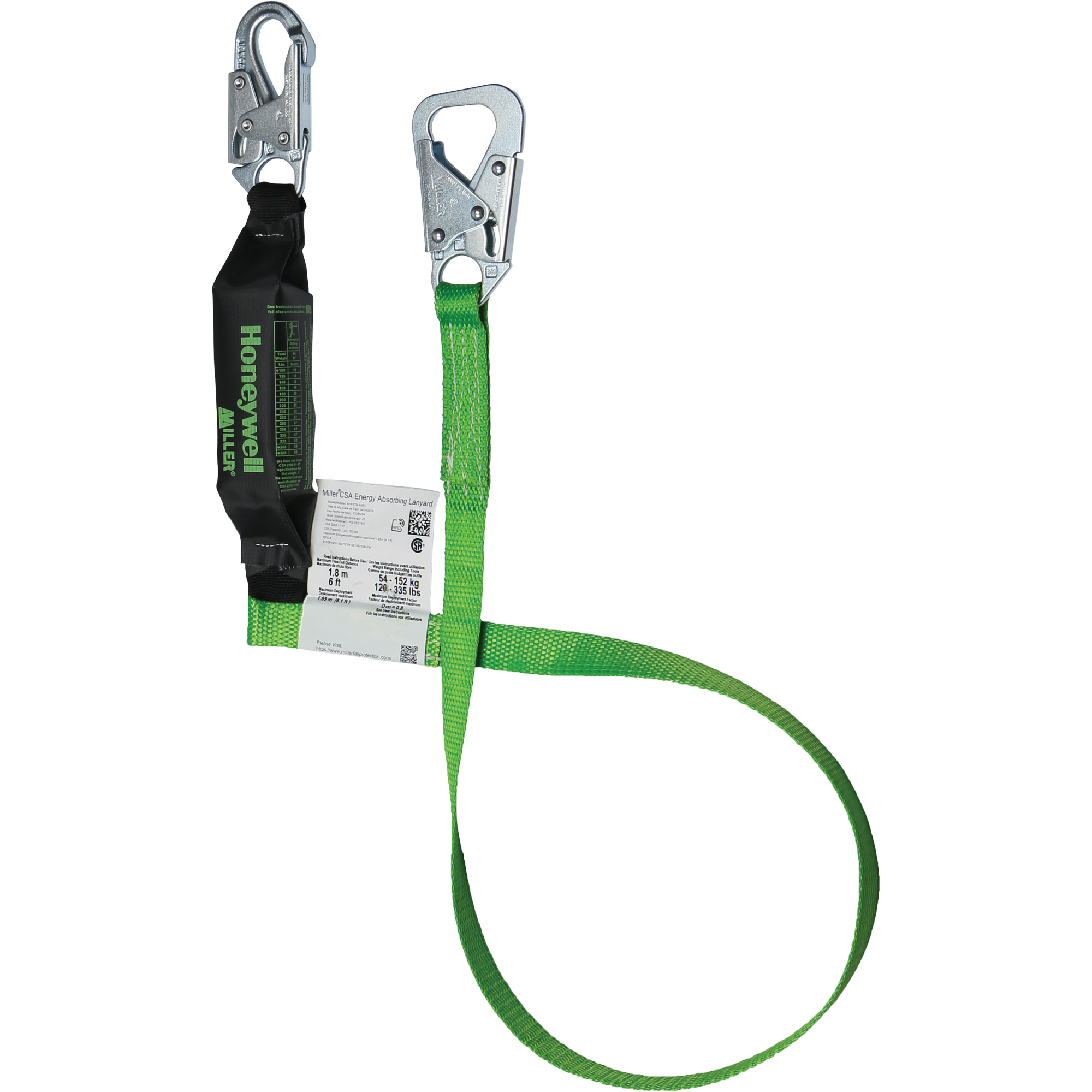 Longe rattachables MillerMD BackBiterMD, 6', Point d'ancrage à Mousqueton verrouillable, Mousqueton verrouillable aux jambes, Nylon/Polyester