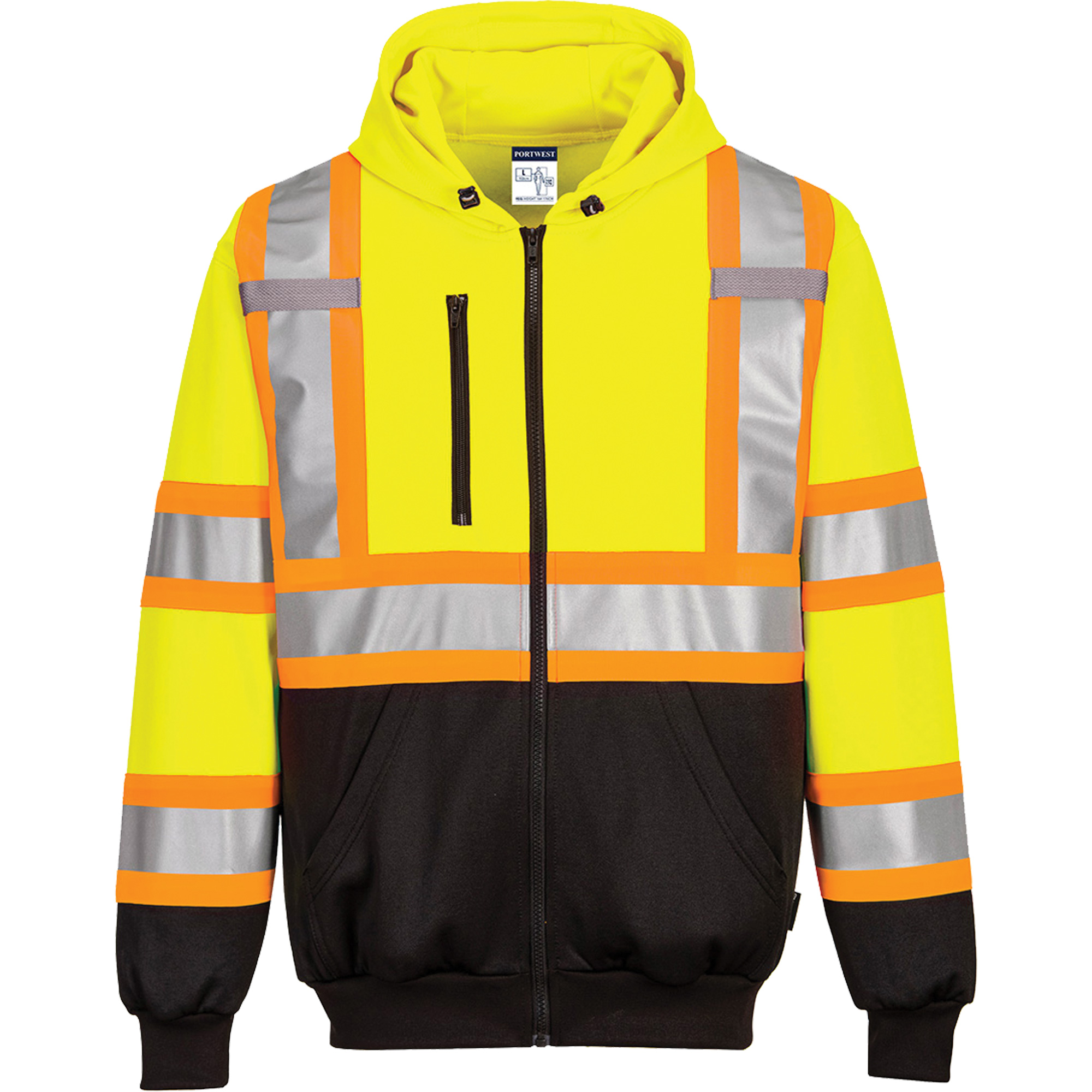 Chandail de sécurité à capuchon avec bandes contrastantes, 5T-Grand, Noir/Jaune lime haute visibilité