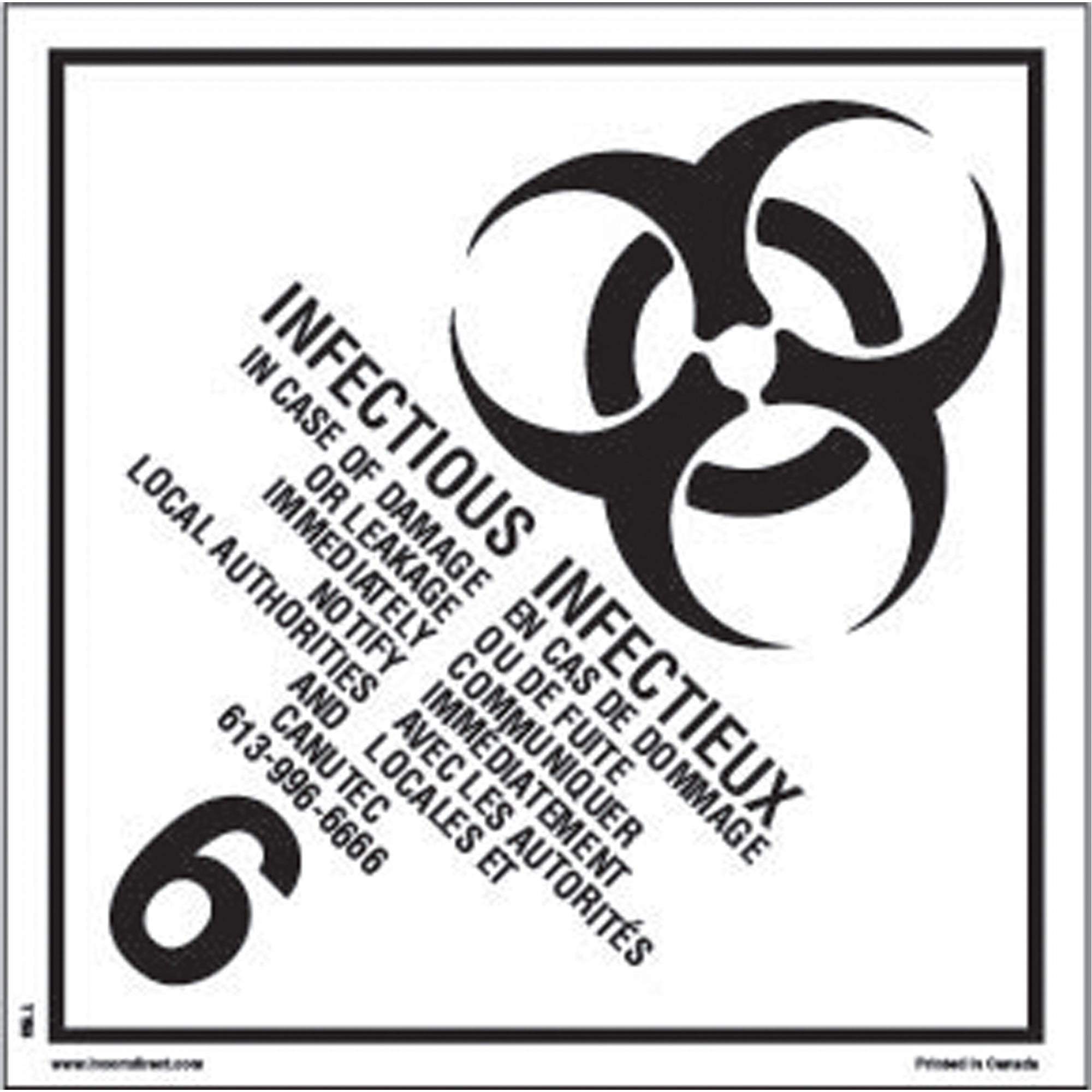 Étiquettes d'expédition TMD, Classe 6,2, Substances infectieuses, Papier