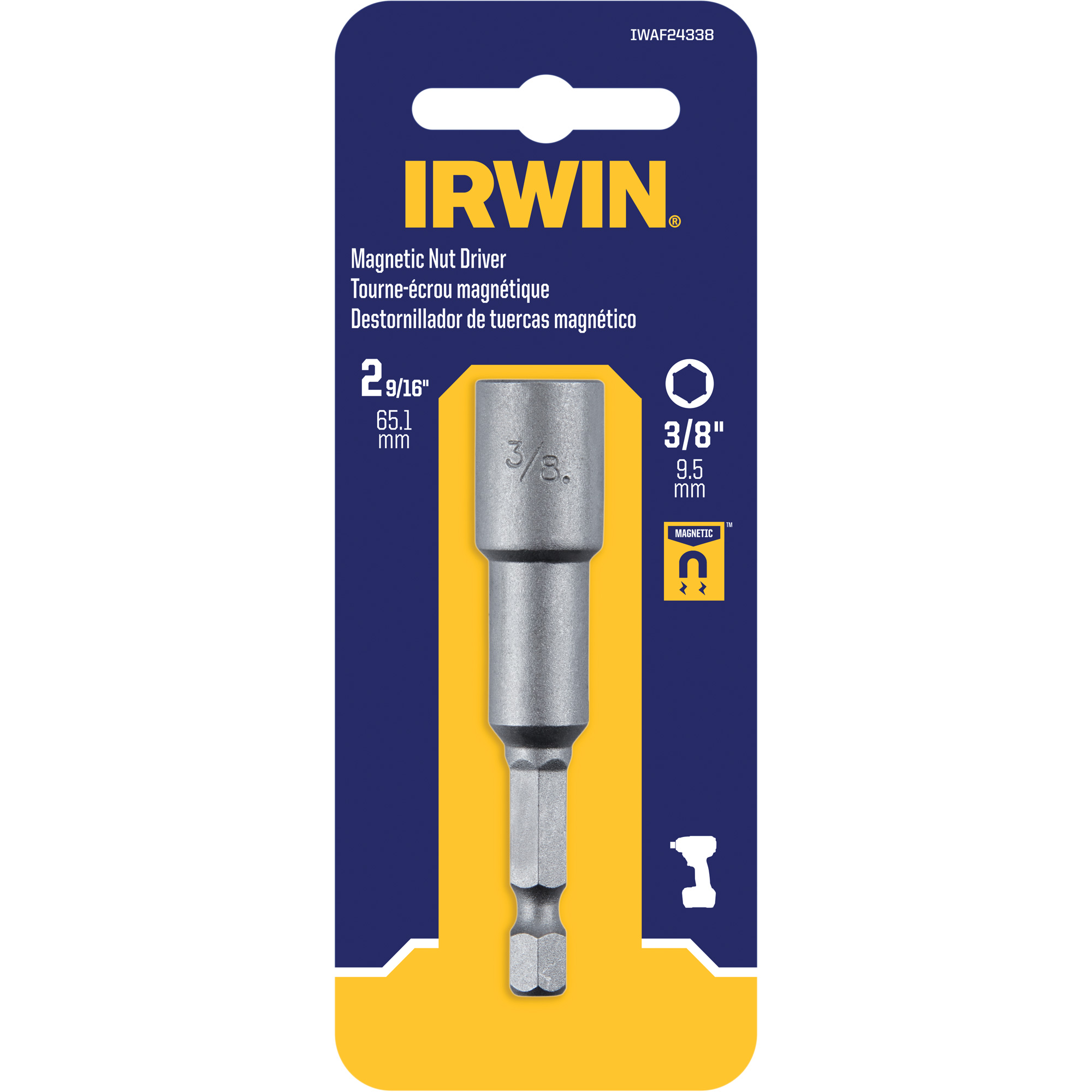 Tourne-écrou, Embout 3/8", Prise 1/4", 2-9/16" lo, Magnétique