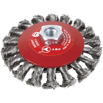 Brosse conique à fils noués torsadés, Dia. 6", Fils 0,02", Arbre 5/8"-11, Acier