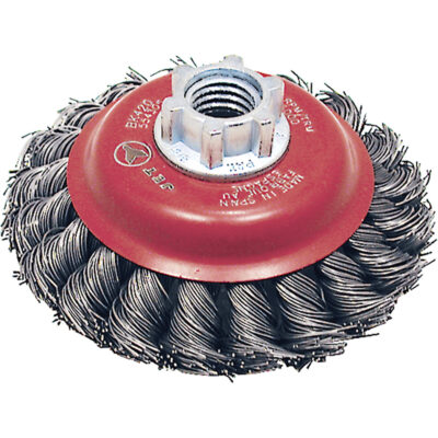 Brosse conique à fils torsadés BK420T, Dia. 4", Fils 0,02", Arbre 5/8"-11, Acier