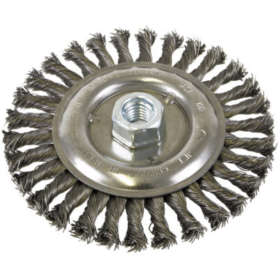 Brosse filetée à fils nouées et face standard, Dia. 6", Fils 0,022", Arbre 5/8"-11, Acier