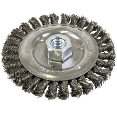 Brosse filetée à fils noués et face standard, Dia. 5", Fils 0,022", Arbre 5/8"-11, Acier