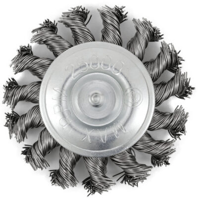 Brosse radiale à fils noués torsadés monté sur mandrin, Dia. 3", Fils 0,02", Arbre 1/4", Acier inoxydable