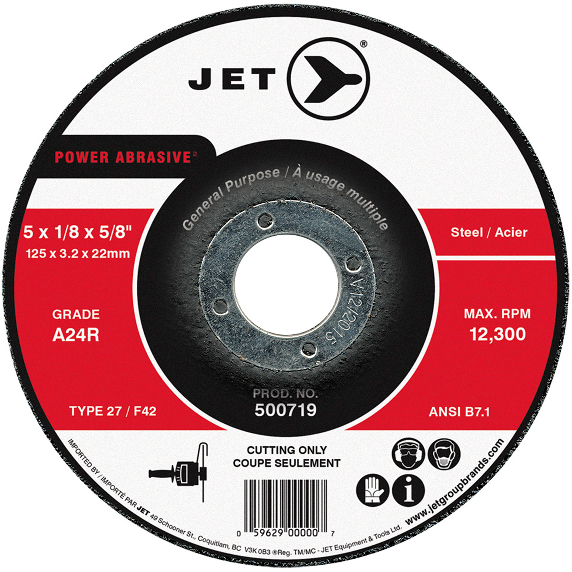 Disque abrasif de tronçonnage, 5" x 1/8", Arbre de 7/8", Type 27, 12 300 Tr/min