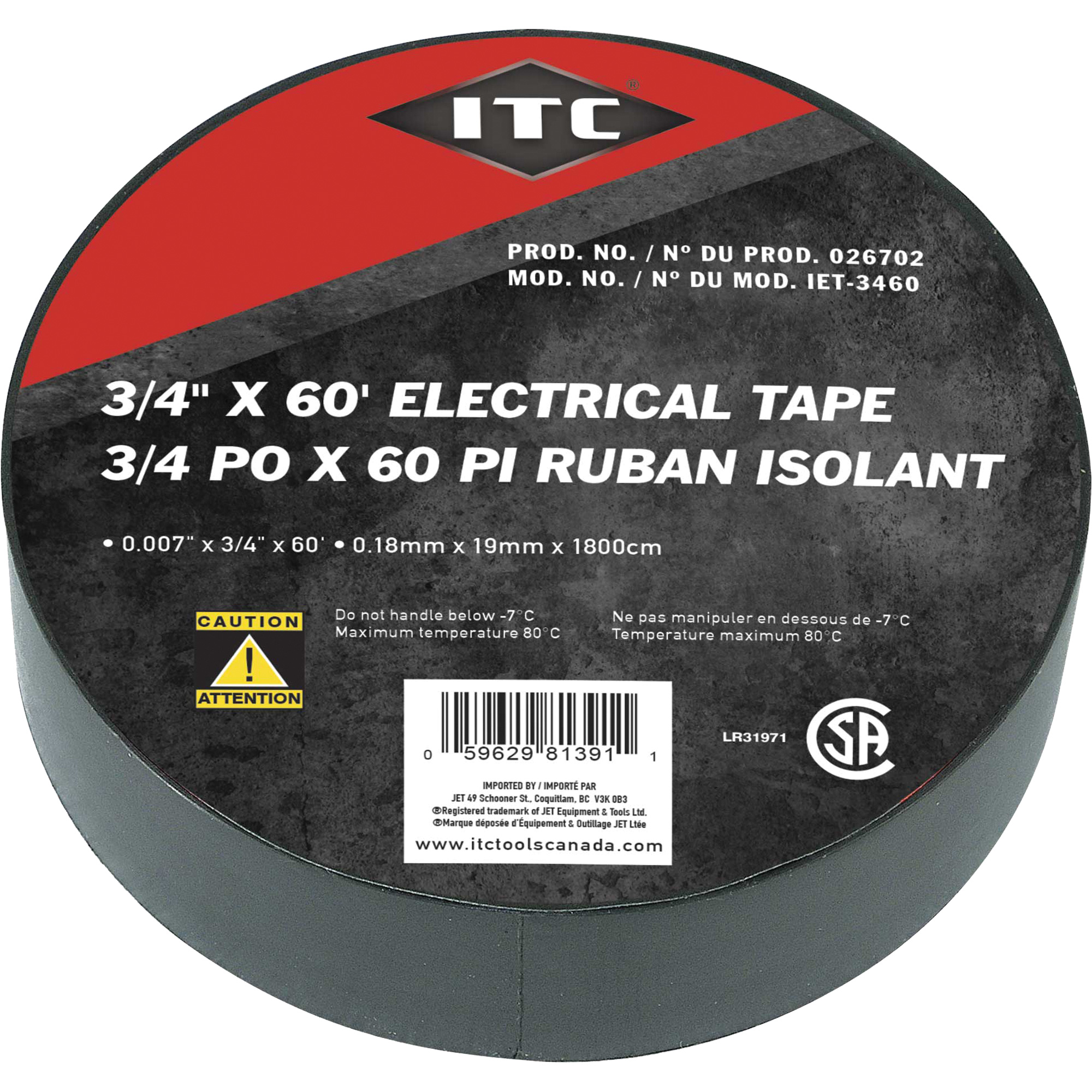 IET-3460 Ruban isolant, Ruban électrique, Rubans isolant, 19 mm (3/4") x 18,28 m (60'), Noir
