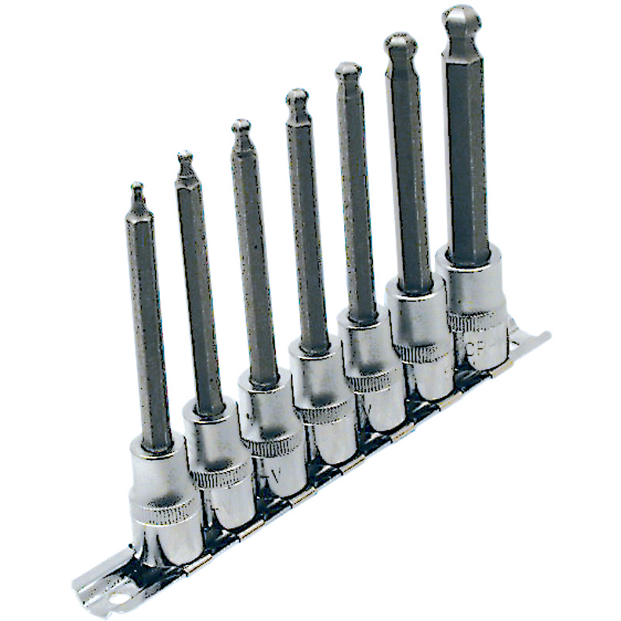 Jeu de douilles à embouts longs et sphériques de 4" SAE LHSW-3807, Sphère hexagonale, Prise 3/8", 7 mr