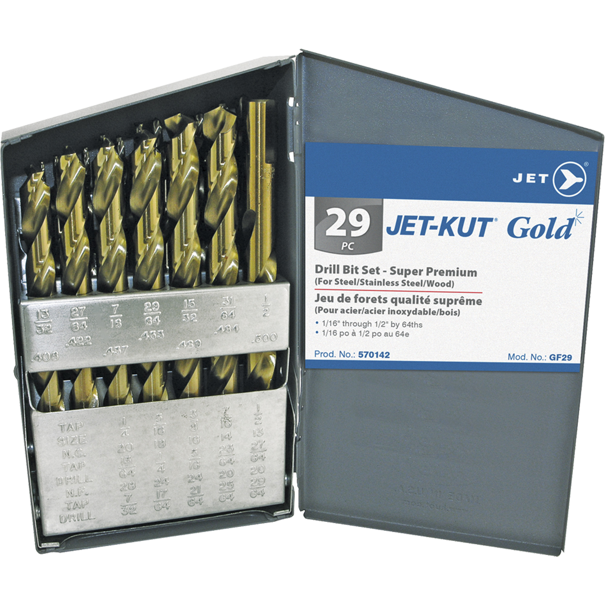 Jeu de forets de première qualité JET-KUTMD GOLD, 29 morceaux, Acier allié