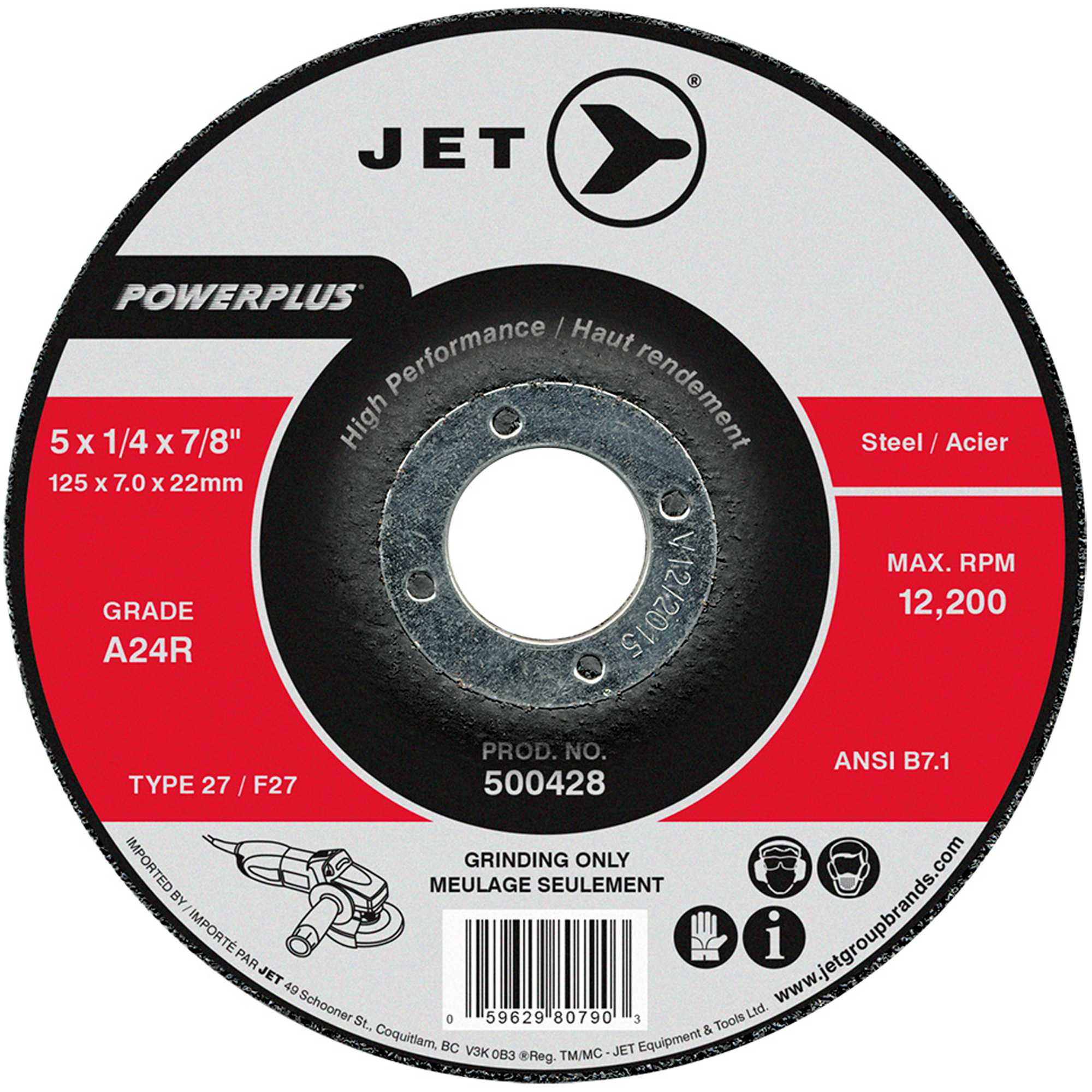 Meule à centre déporté PowerplusMD, 5" x 1/4", Arbre de 7/8", Type 27/F27, Oxyde d'aluminium, 12 200 Tr/min