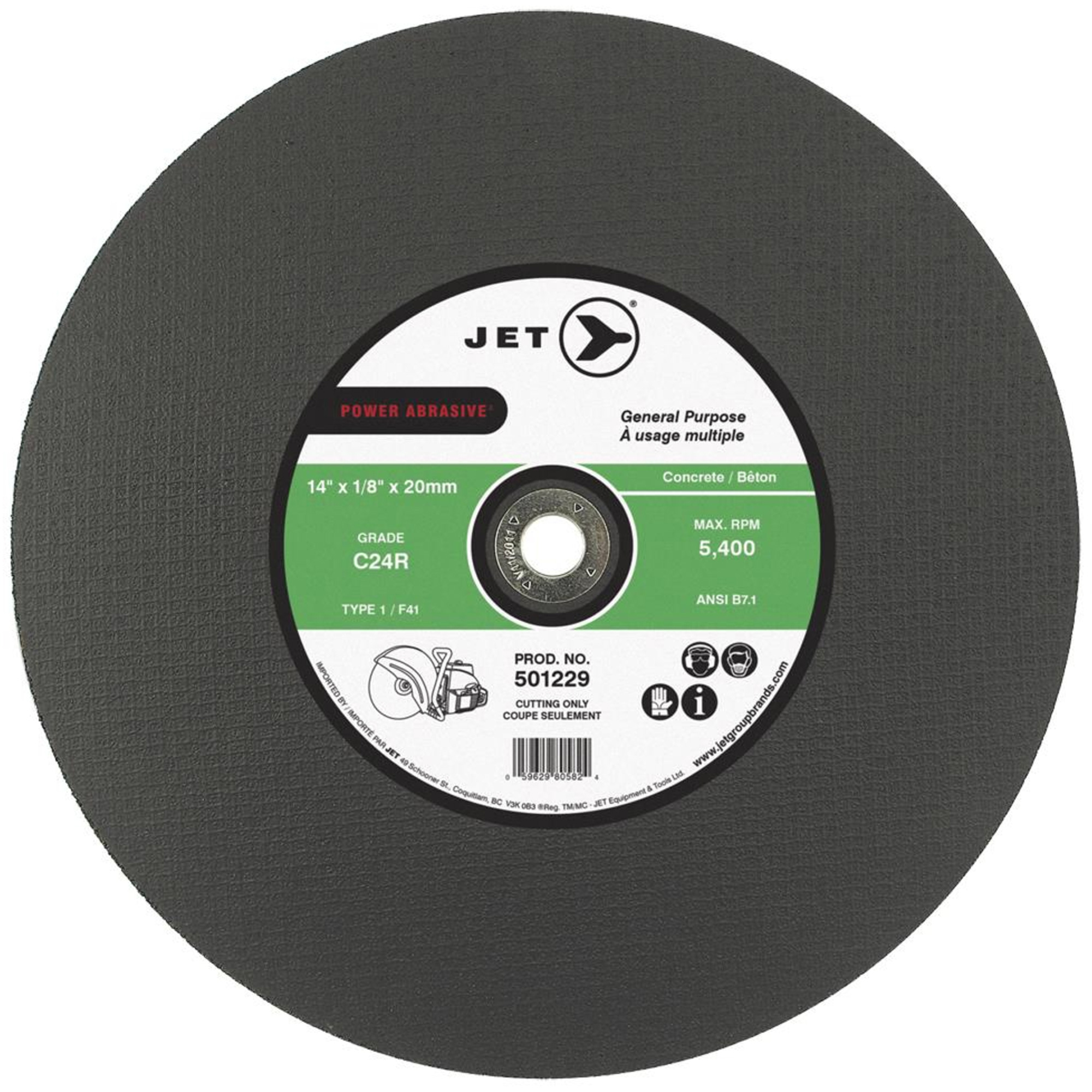 Meule à tronçonner Power Abrasive, 14" x 1/8", Arbre de 1", Type 1, 5400 Tr/min