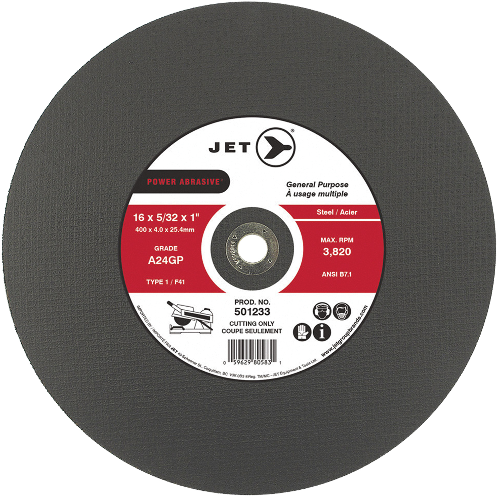Meule à tronçonner Power Abrasive A24GP, 20" x 5/32", Arbre de 1", Type 1, 3000 Tr/min