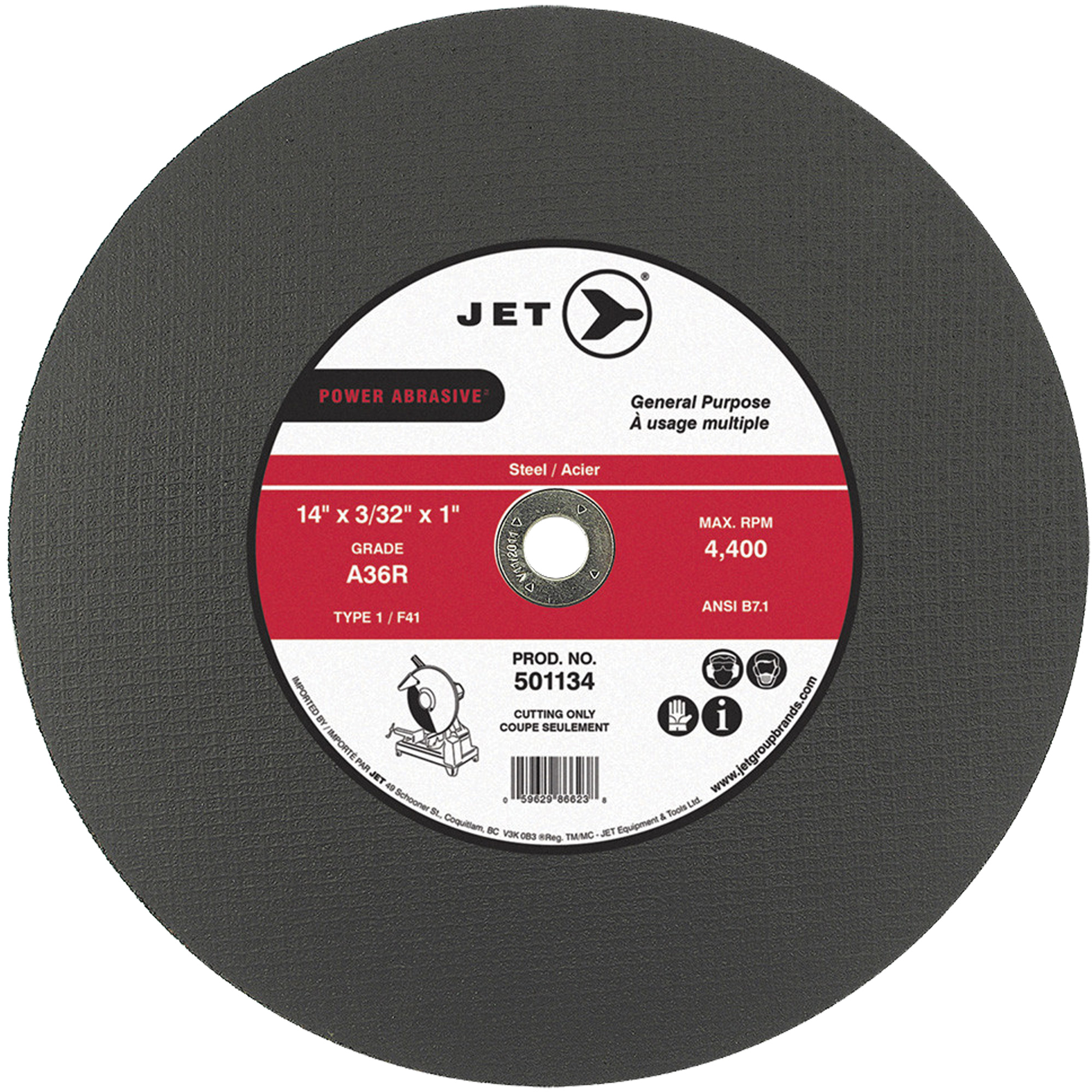 Meule à tronçonner Power Abrasive A36R, 14" x 3/32", Arbre de 1", Type 1, 4400 Tr/min