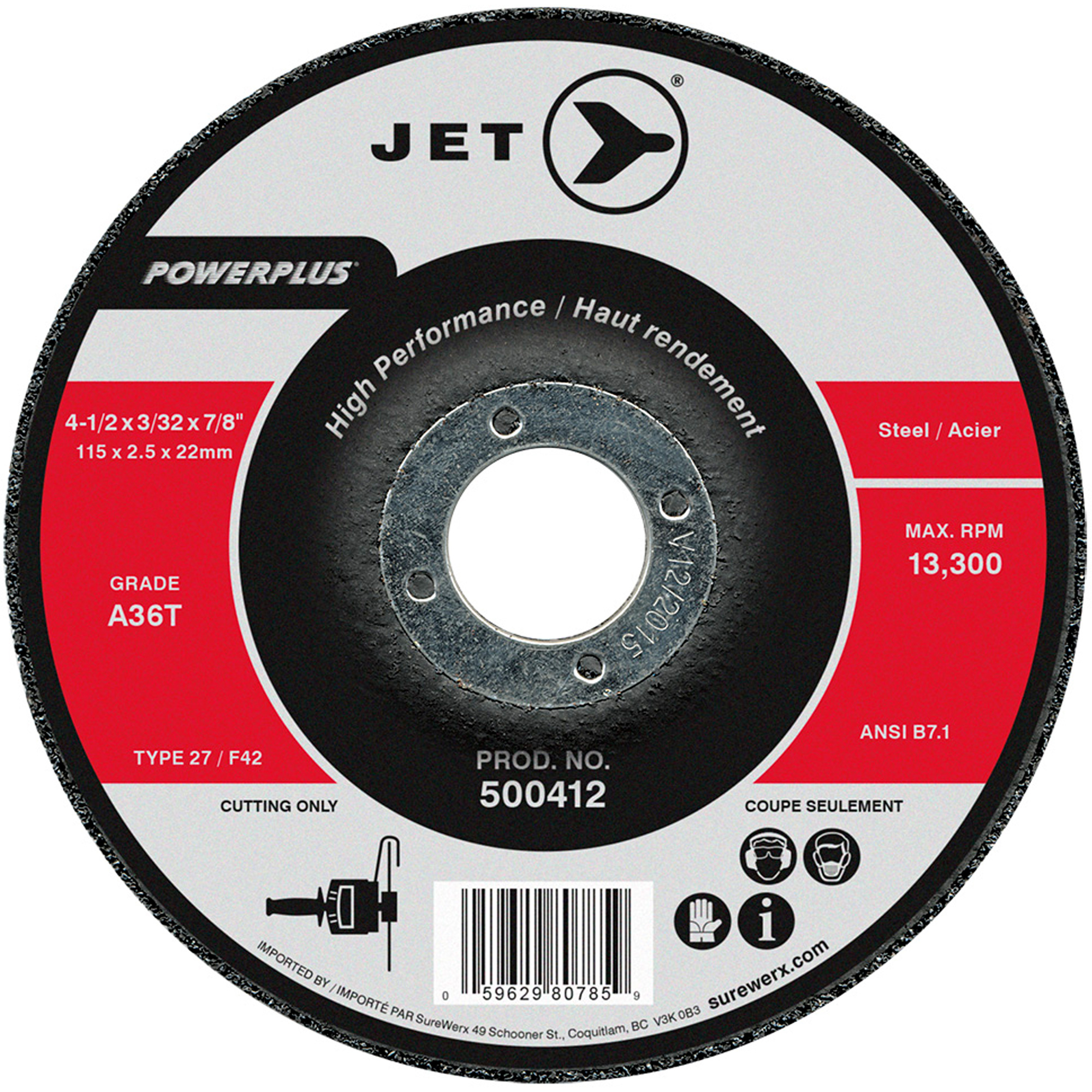 Meule à tronçonner Power Abrasive A36T, 4-1/2" x 3/32", Arbre de 7/8", Type T27, 13 300 Tr/min
