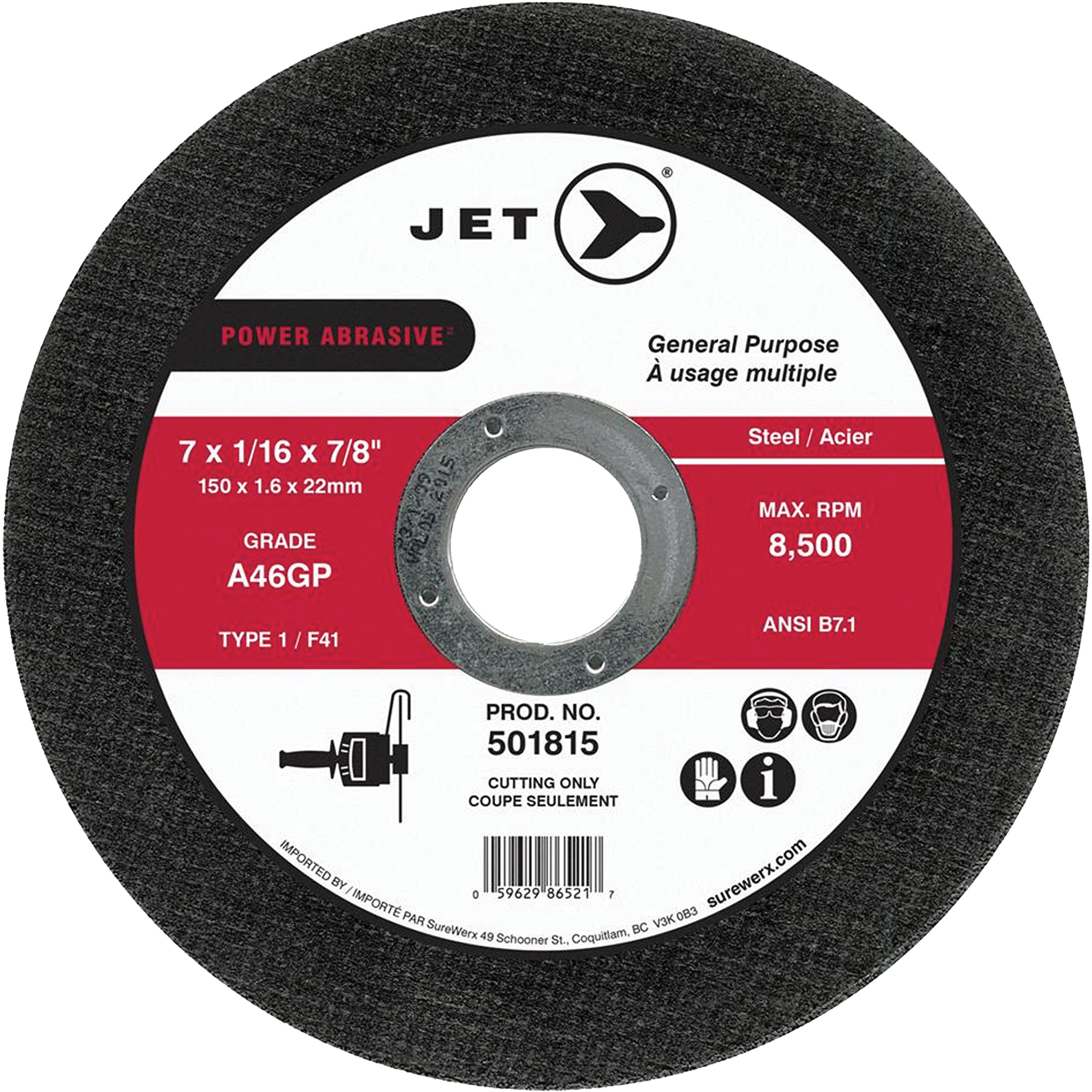 Meule à tronçonner Power abrasive A46GP, 7" x 1/16", Arbre de 7/8", Type 1, 8500 Tr/min