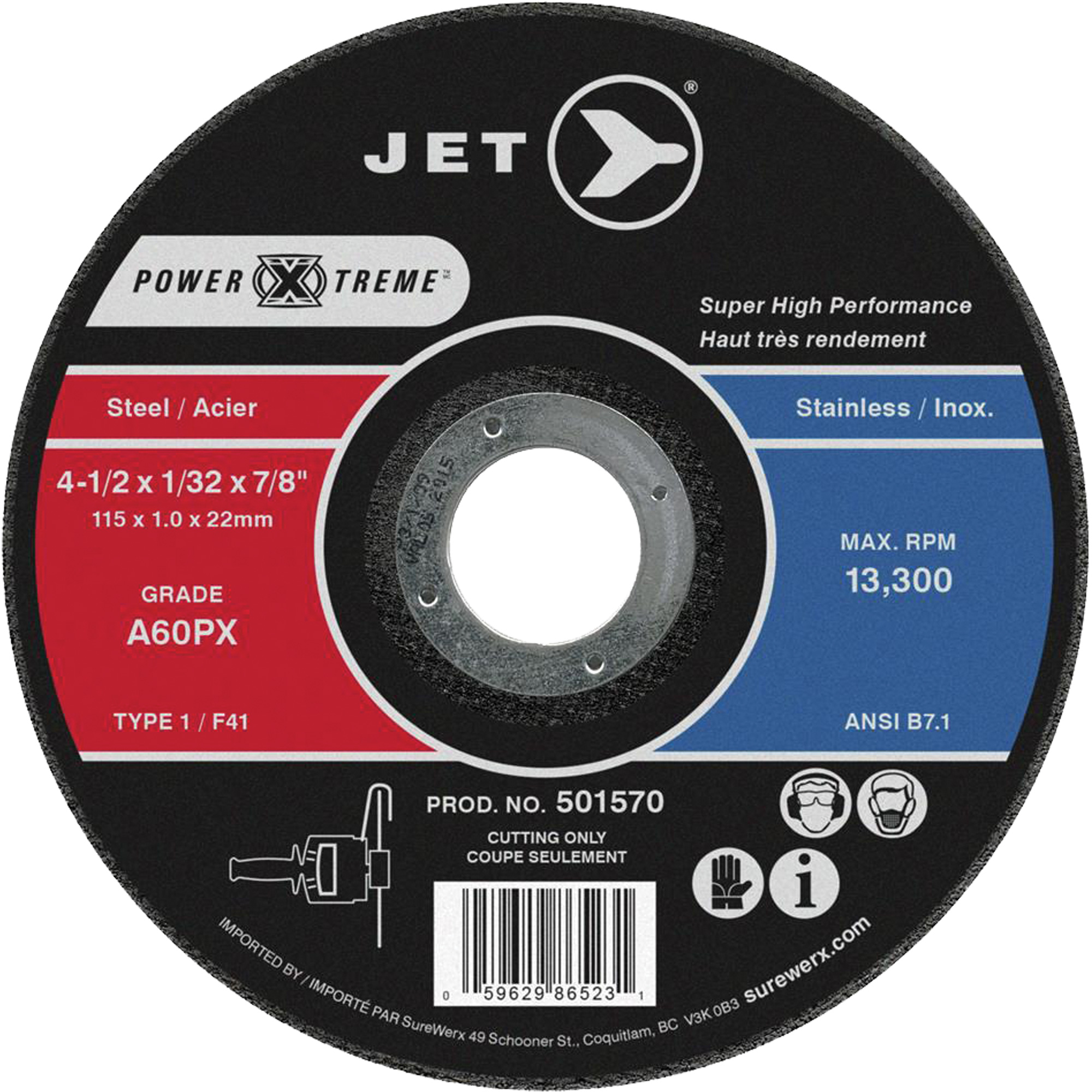 Meule à tronçonner Power-Xtreme A46PX, 4-1/2" x 1/16", Arbre de 7/8", Type 1, 13 300 Tr/min