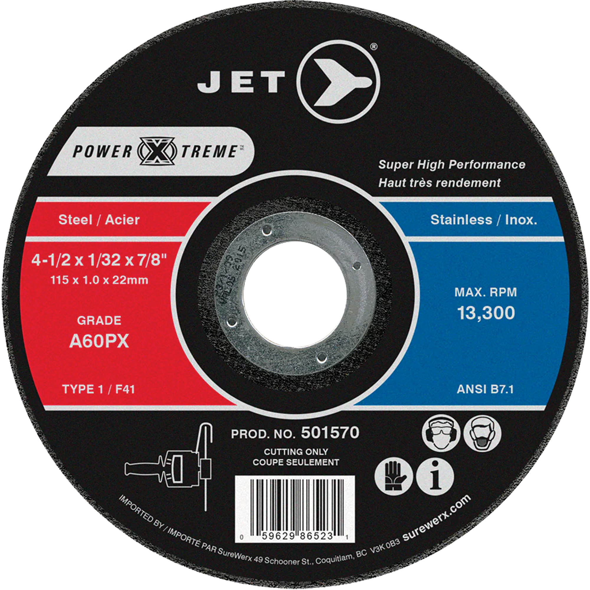 Meule à tronçonner Power-Xtreme A60PX, 4-1/2" x 1/32", Arbre de 7/8", Type 1, 13 300 Tr/min