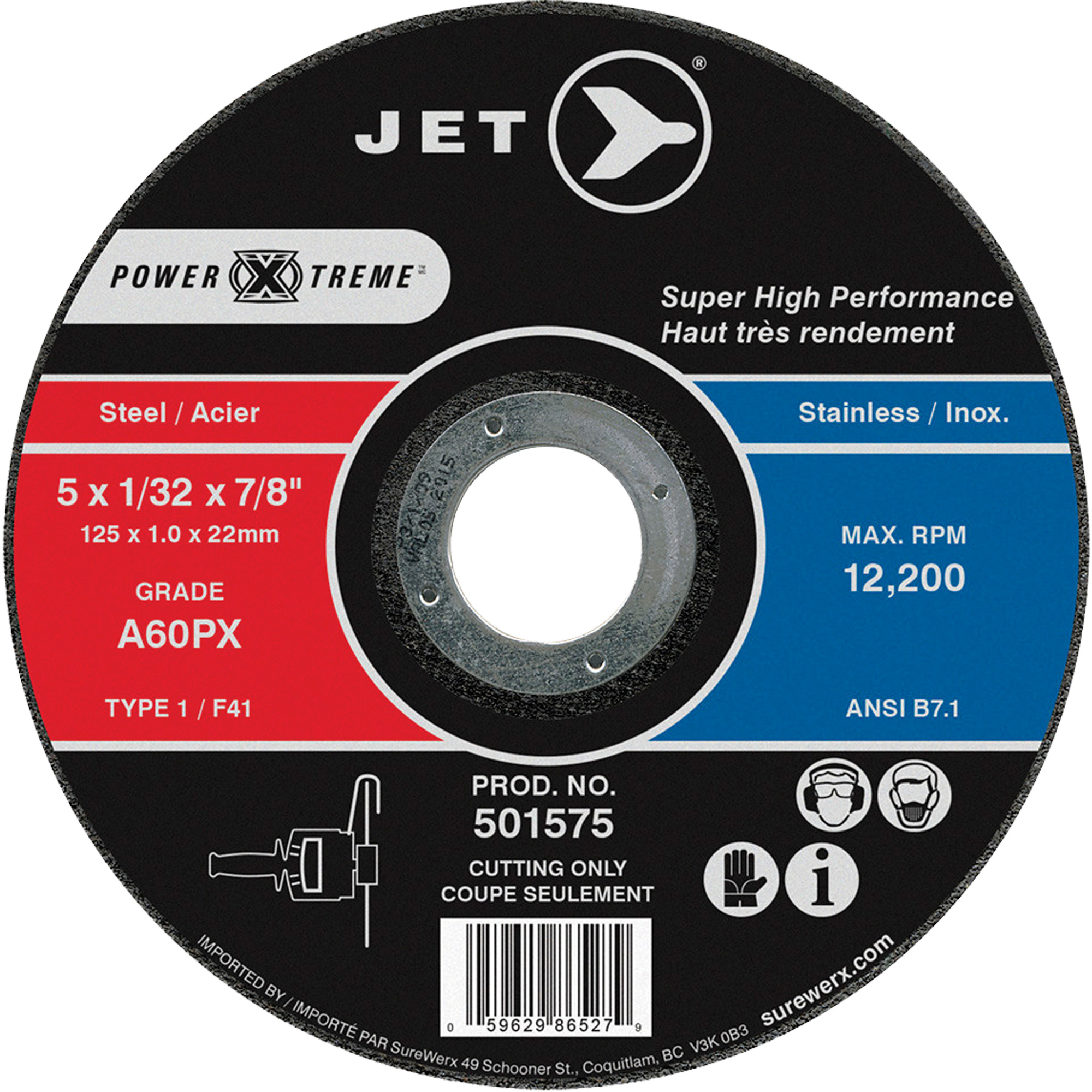 Meule à tronçonner Power-Xtreme A60PX, 5" x 1/32", Arbre de 7/8", Type 1, 12 200 Tr/min