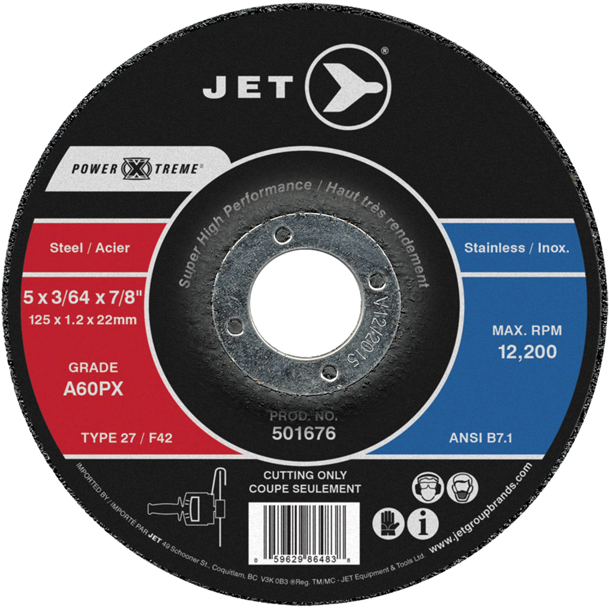 Meule à tronçonner Power-Xtreme A60PX, 5" x 3/64", Arbre de 7/8", Type 27, 12 200 Tr/min