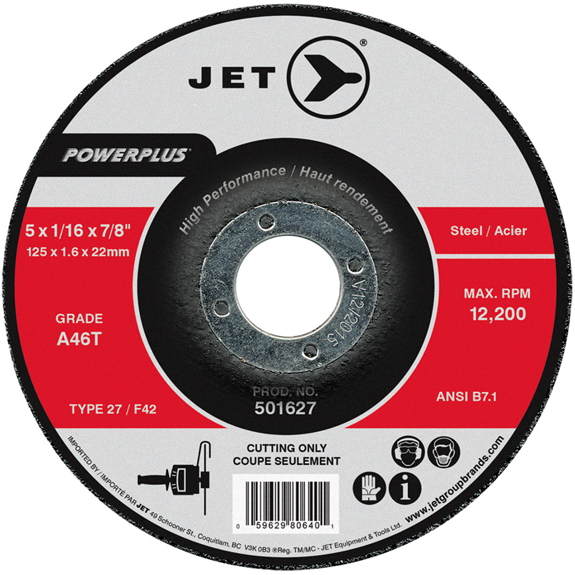 Meule à tronçonner PowerPLus A46T, 5" x 1/16", Arbre de 7/8", Type 27, 12 200 Tr/min