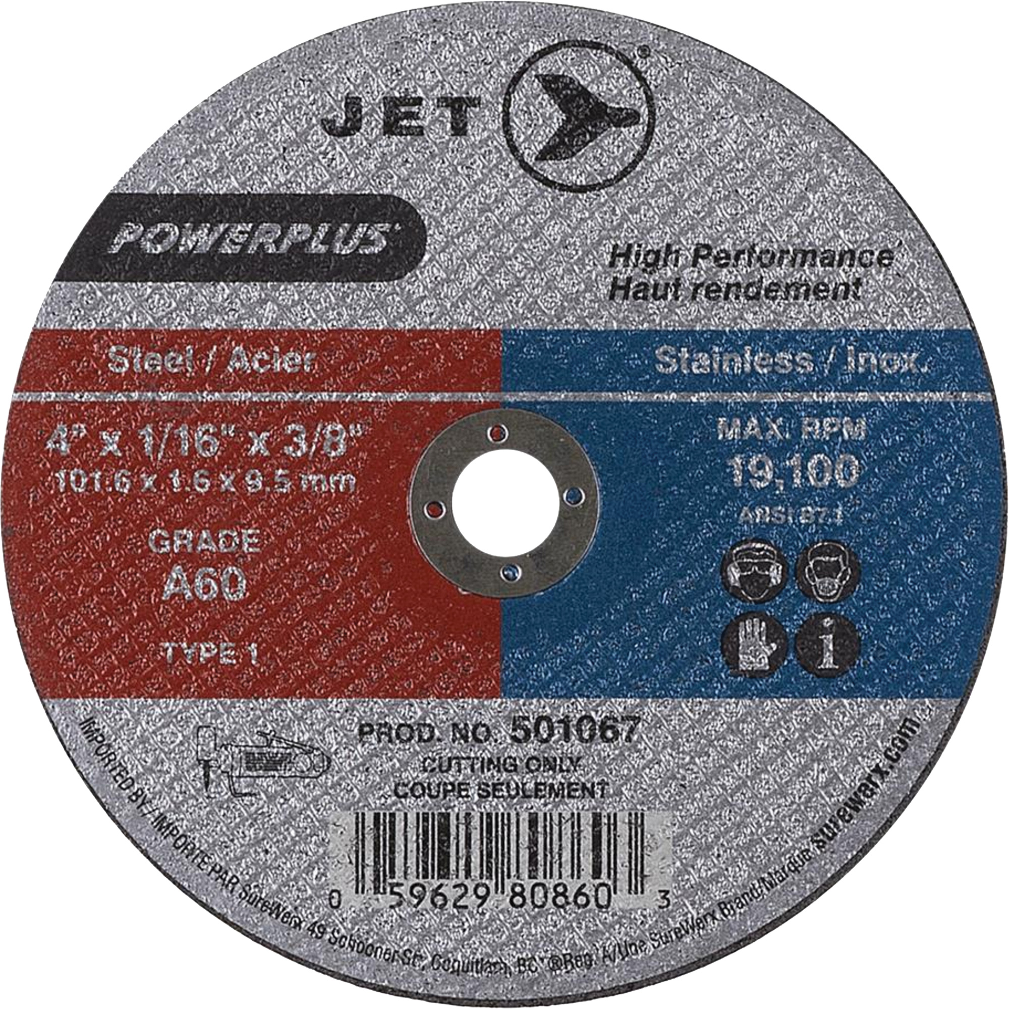 Meule à tronçonner POWERPLUS A60, 4" x 1/16", Arbre de 3/8", Type 1, 19100 Tr/min