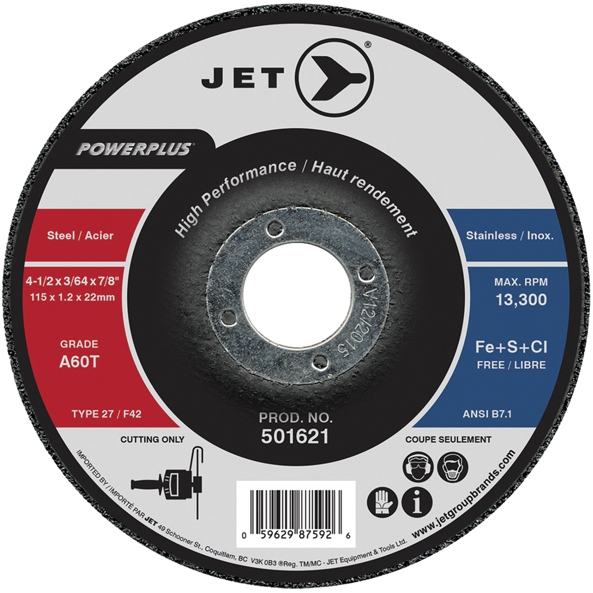 Meule à tronçonner PowerPlus A60T, 4-1/2" x 3/64", Arbre de 7/8", Type 27, 13 300 Tr/min
